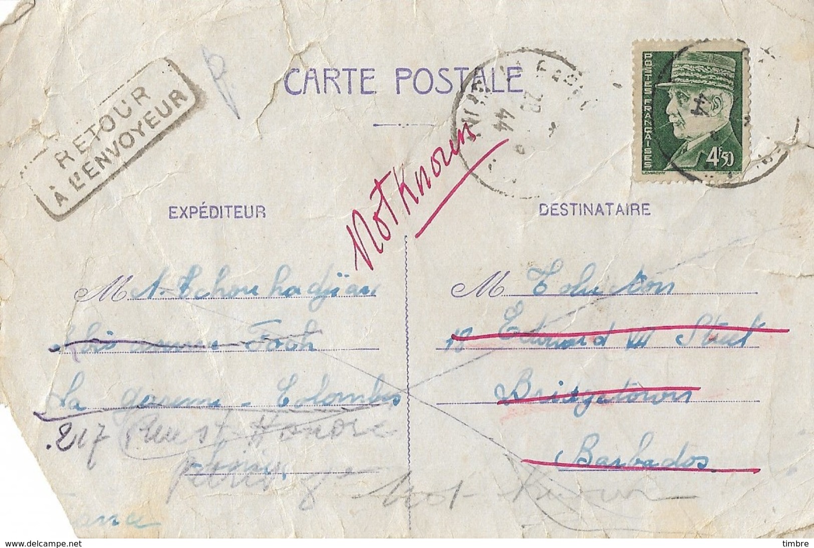 Entier Postal 1.20F Iris Pour La BARBADE Avec Timbre Pétain à 4.50F - WW II