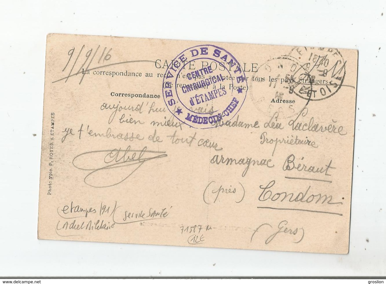 ETAMPES (91) CACHET MILITAIRE SERVICE DE SANTE CENTRE CHIRURGICAL D'ETAMPES 1916 - 1. Weltkrieg 1914-1918