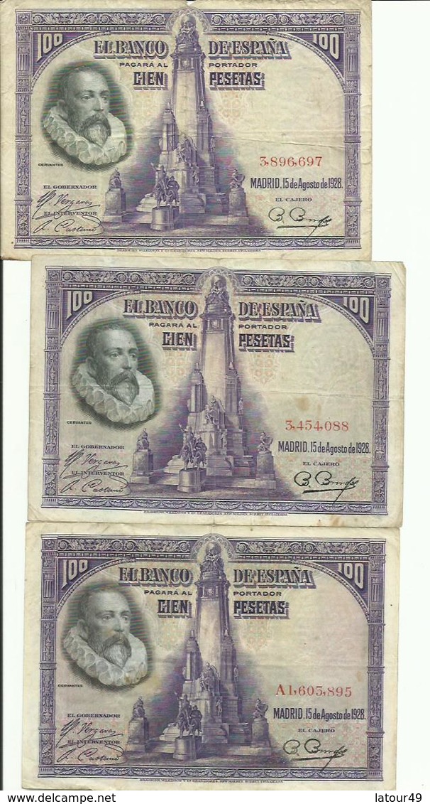 3 BILLETS 100...CIEN  PESETAS MADRID 1928 - 100 Peseten