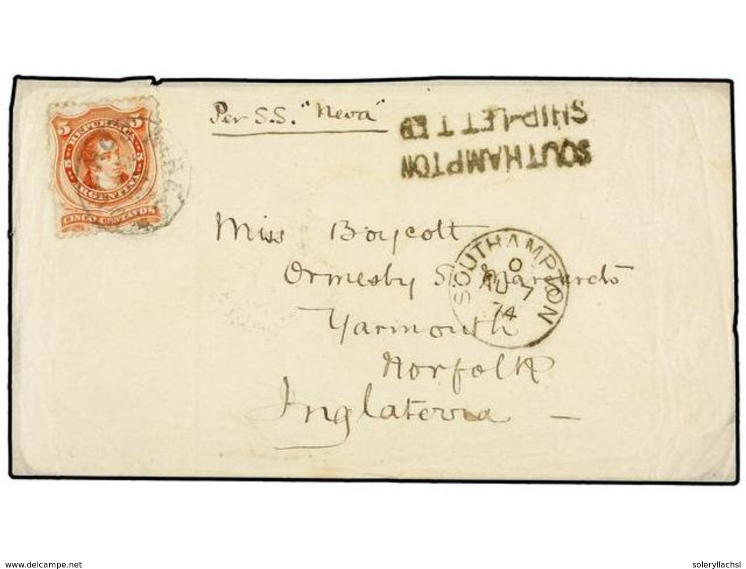 ARGENTINA. 1874. BUENOS AIRES A INGLATERRA. 5 Cts. Rojo, Mat. BUENOS AIRES Y Marca SOUTHAMPTON/SHIP-LETTER, Manuscrito ' - Altri & Non Classificati