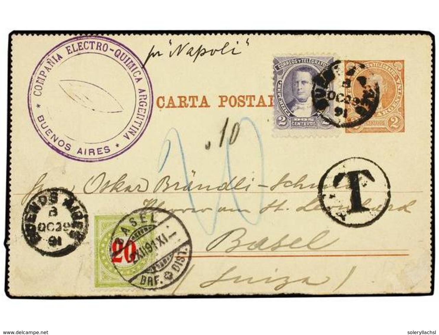 ARGENTINA. 1891. BUENOS AIRES A BASEL (Suiza). Entero Postal De 2 Ctvos. Con Franqueo Adicional De 2 Cts. Lila, Tasada A - Otros & Sin Clasificación