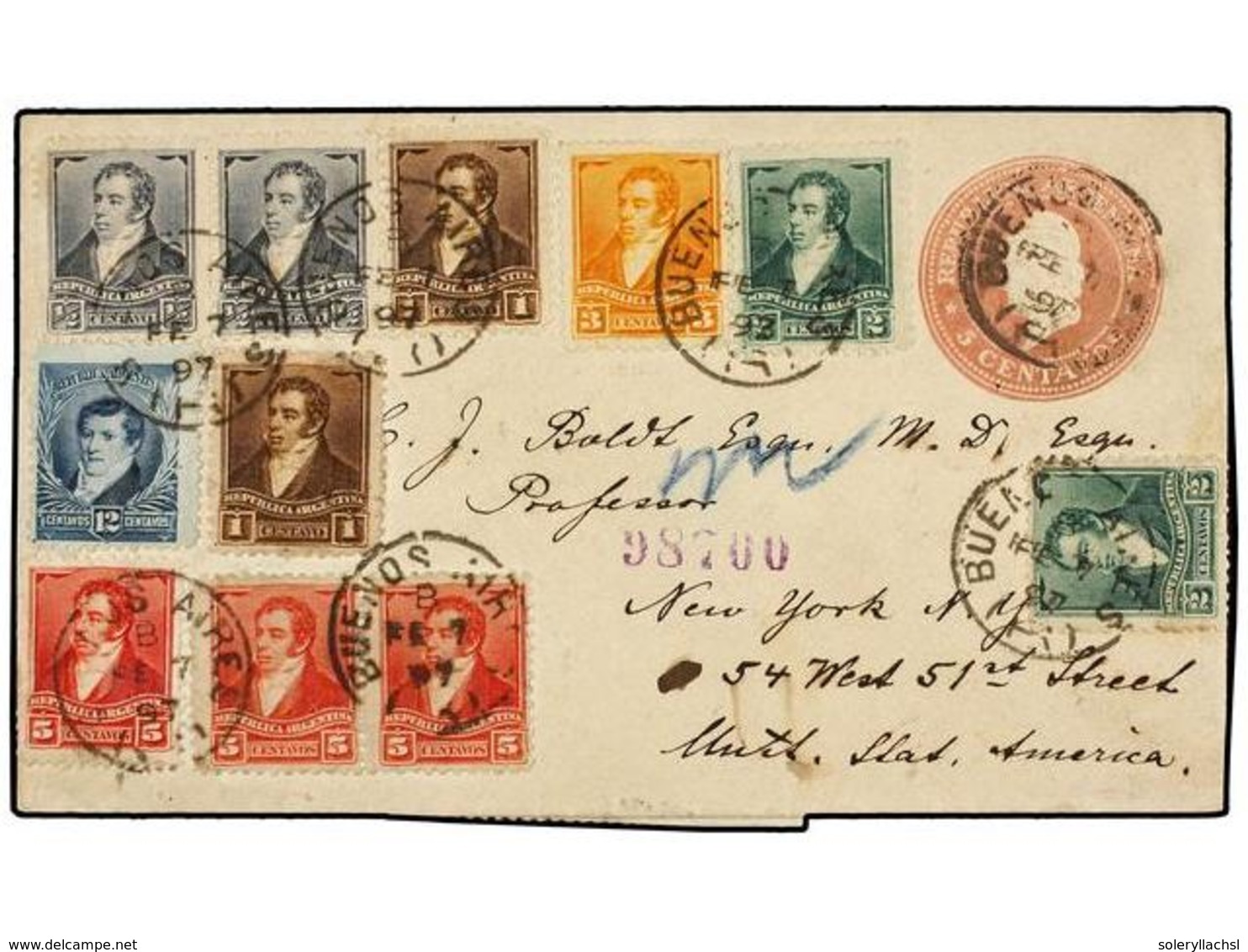 ARGENTINA. 1897. BUENOS AIRES A U.S.A. Entero Postal De 5 Ctvos. Rosa Con Franqueo Adicional De 1/2 Ctvo. (2), 1 Ctvo. ( - Altri & Non Classificati