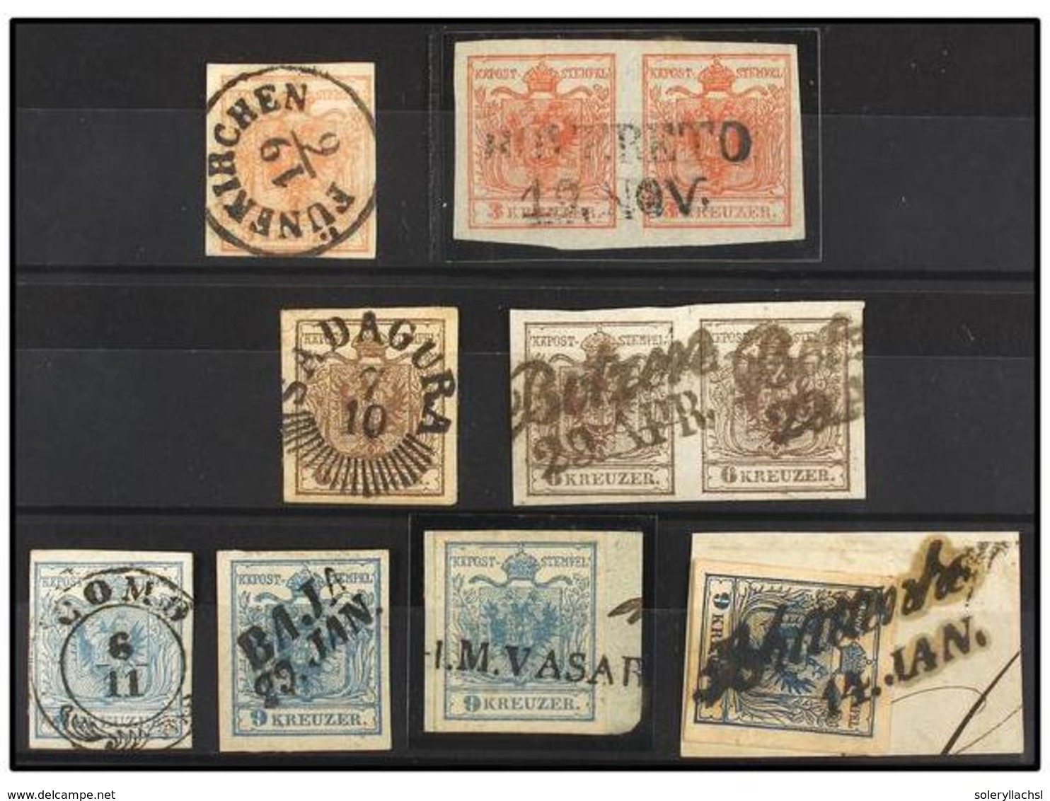 ° AUSTRIA. 1850. 3 Kr. Red (3), 6 Kr. Brown (3) And 9 Kr. Blue (4) With Nice Cancels. - Otros & Sin Clasificación