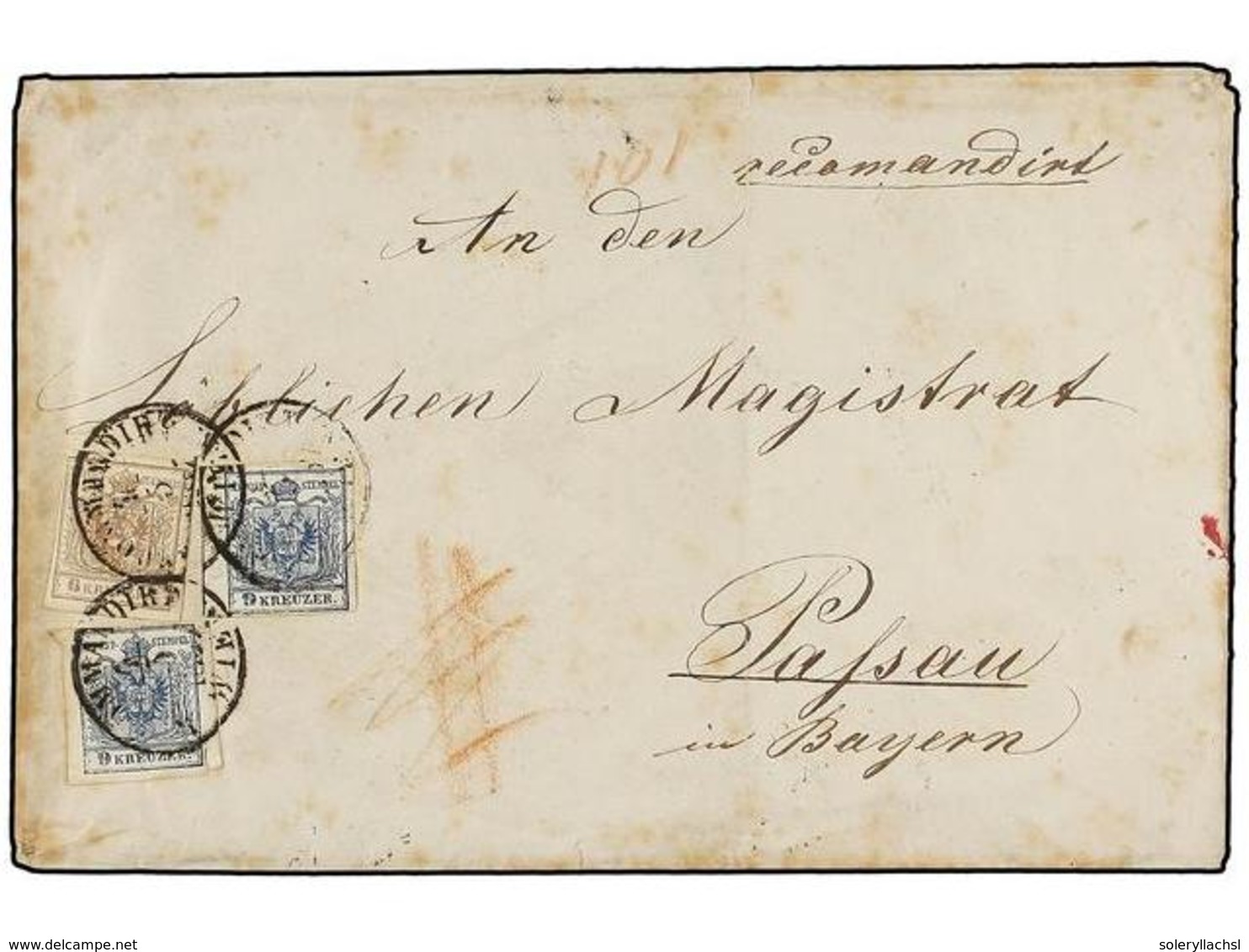 AUSTRIA. Mi.4Y, 5Y. 1857 (March 4). Registered Cover From VIENNA To PASSAU (Bavaria) Franked On Obverse With 1850-54 Mac - Other & Unclassified