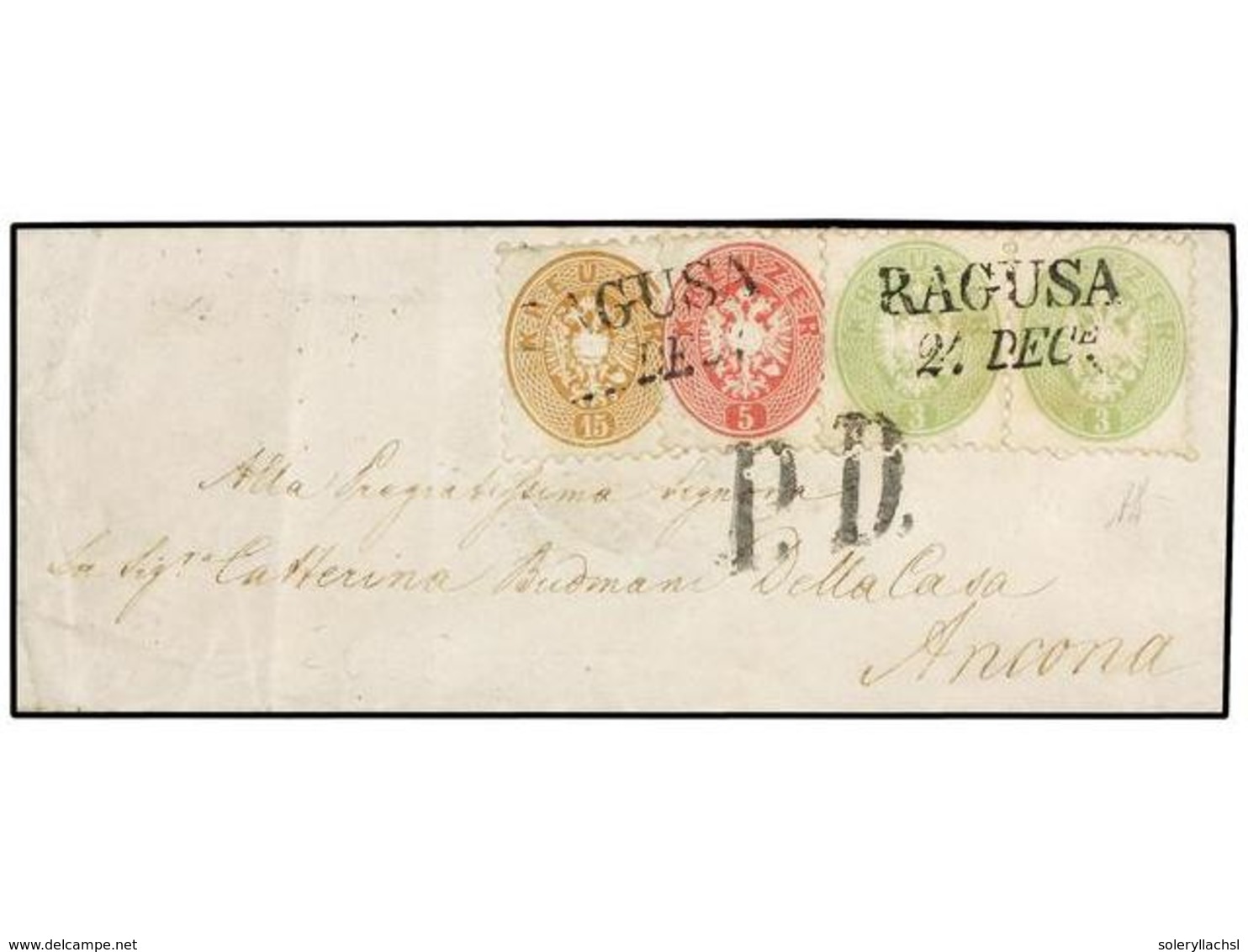 AUSTRIA. Mi.31, 32, 34. 1864. 3kr. Pale Green Pair, Single 5kr. Rose And 15kr. Brown All Used On Cover To ANCONA, Tied B - Andere & Zonder Classificatie