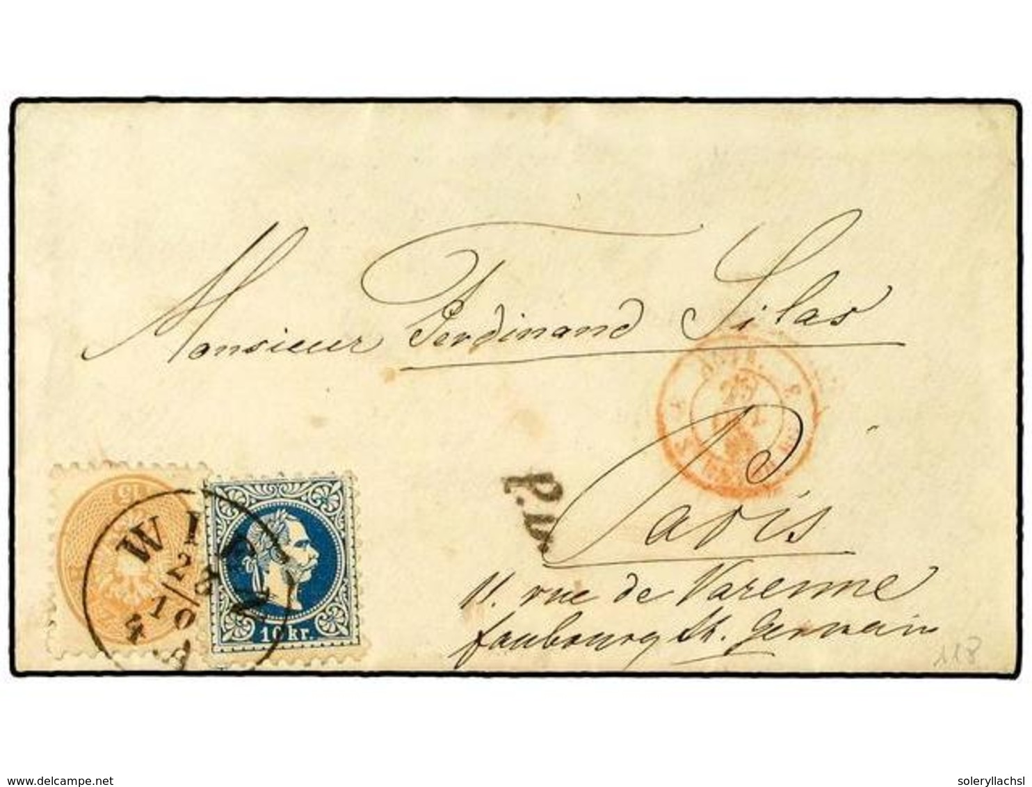 AUSTRIA. 1867 (Oct.). Cover To PARIS Franked By 1864 15 Kr. Pale Brown Arms Type, Perf 9 1/2 And 1867 10 Kr. Blue For 25 - Otros & Sin Clasificación