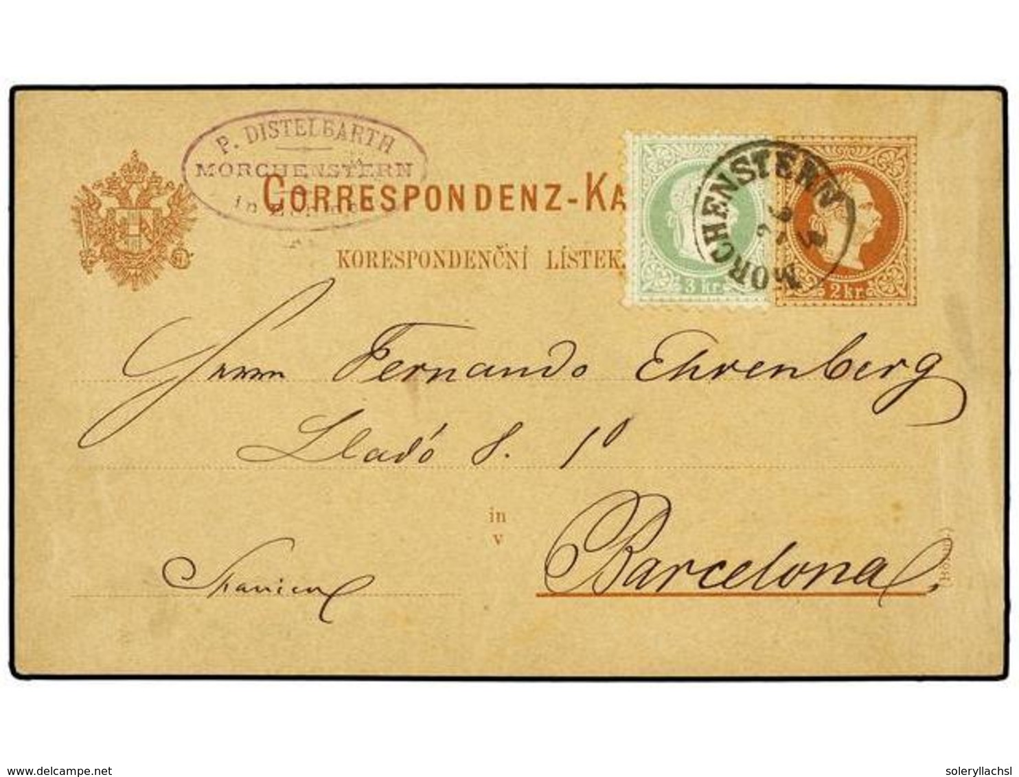 AUSTRIA. Sc.35. 1882 (April 26). 2kr. Brown Postal Stationery Card Used To BARCELONA (Spain) And Up-rated With 1867-74 3 - Sonstige & Ohne Zuordnung