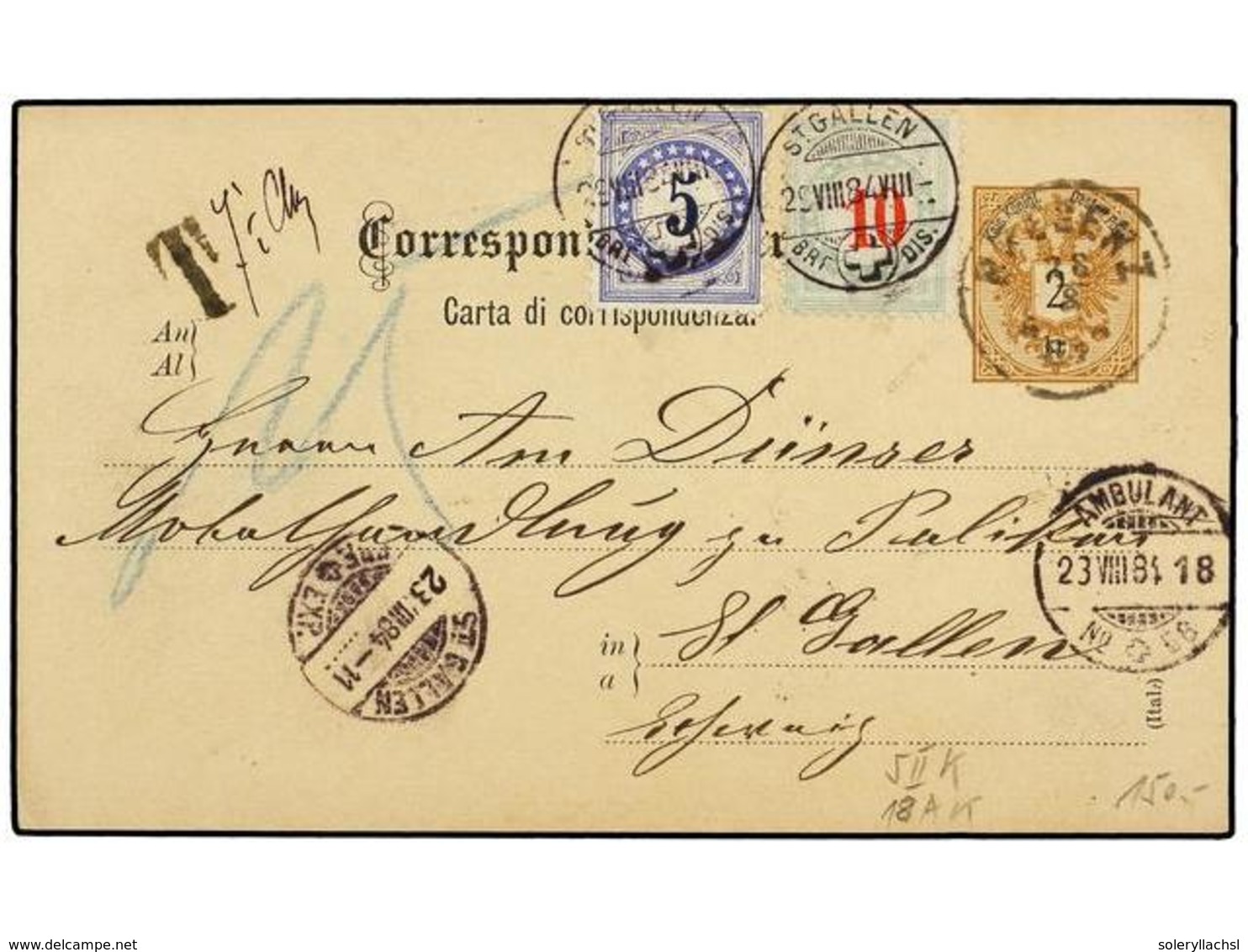 AUSTRIA. 1884. PREGENZ To ST. GALLEN. 2 Kr. Postal Stationary Card Taxed On Arrival  With Swiss 5 Cts. Blue And 10 Cts.  - Other & Unclassified