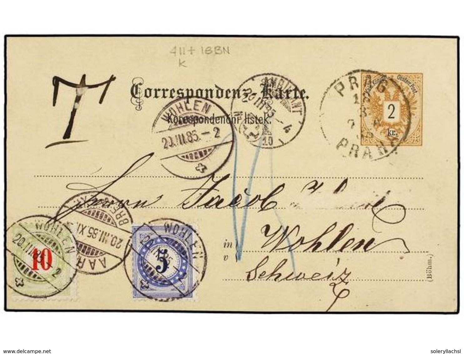 AUSTRIA. 1885. PRAG To WOHLEN (Switzerland). 2 Kr. Postal Stationary Card Taxed On Arrival With Swiss 5 Cts. Blue And 10 - Andere & Zonder Classificatie