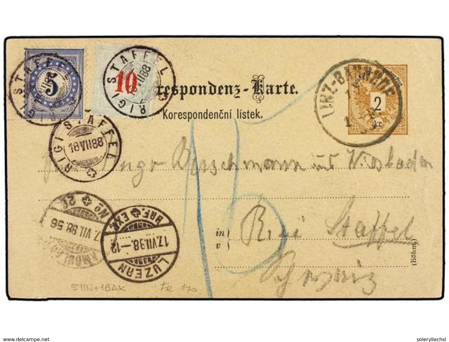 AUSTRIA. 1888. LINZ To RIGI STAFFEL (Switzerland). 2 Kr. Postal Stationary Card Taxed On Arrival With Swiss 5 Cts. Blue  - Other & Unclassified