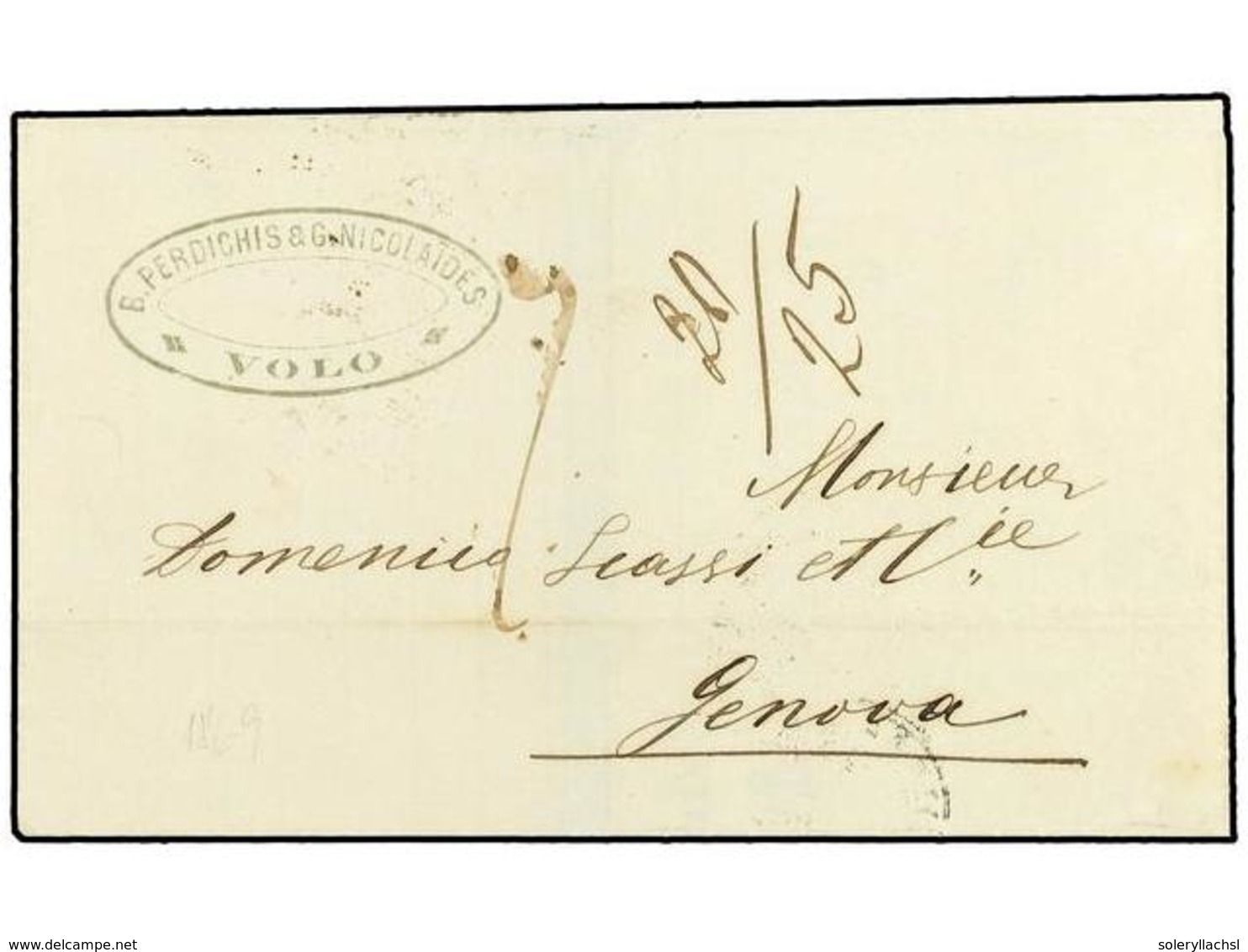 LEVANTE: CORREO AUSTRIACO. 1869 (Oct 8). Outer Letter Sheet To GENOA Sent Stampless And  Taxed With Manuscript Rate '20  - Altri & Non Classificati