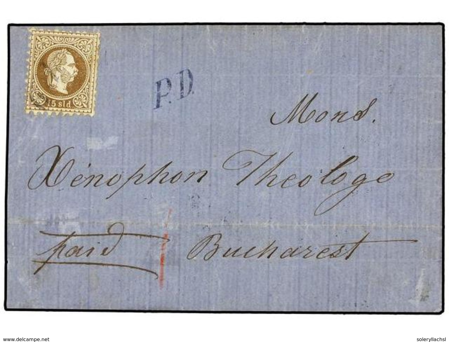 LEVANTE: CORREO AUSTRIACO. Mi.5. 1870 (Feb.). Cover From CONSTANTINOPLE To BUCHAREST Franked By 1867/74 15s. Brown Cance - Otros & Sin Clasificación