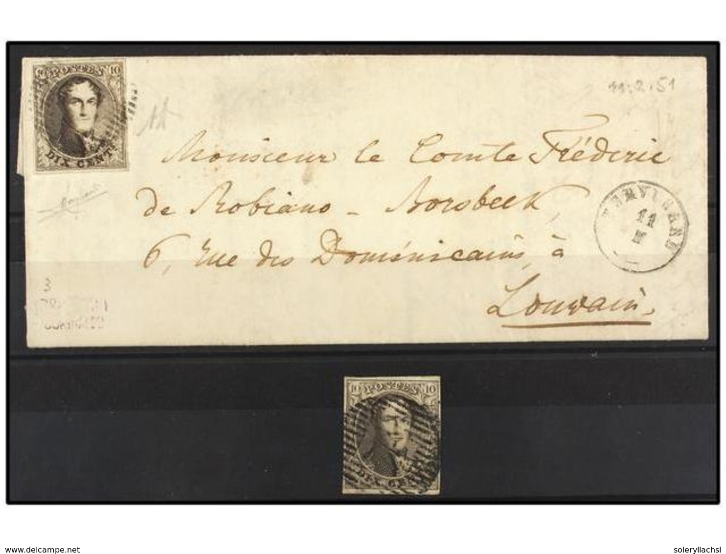 °/ BELGICA. Yv.3. 1851. 10 Cts. Castaño. Sello Y Carta, Márgenes Excelentes. - Sonstige & Ohne Zuordnung