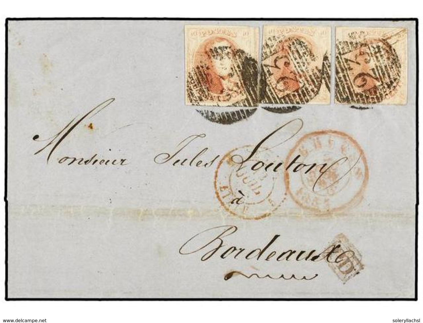 BELGICA. Of.8 (3). 1855. BRUGES To BORDEAUX (France). Folded Letter Franked With Three 40 Cts. Red Stamps, Large Margins - Andere & Zonder Classificatie