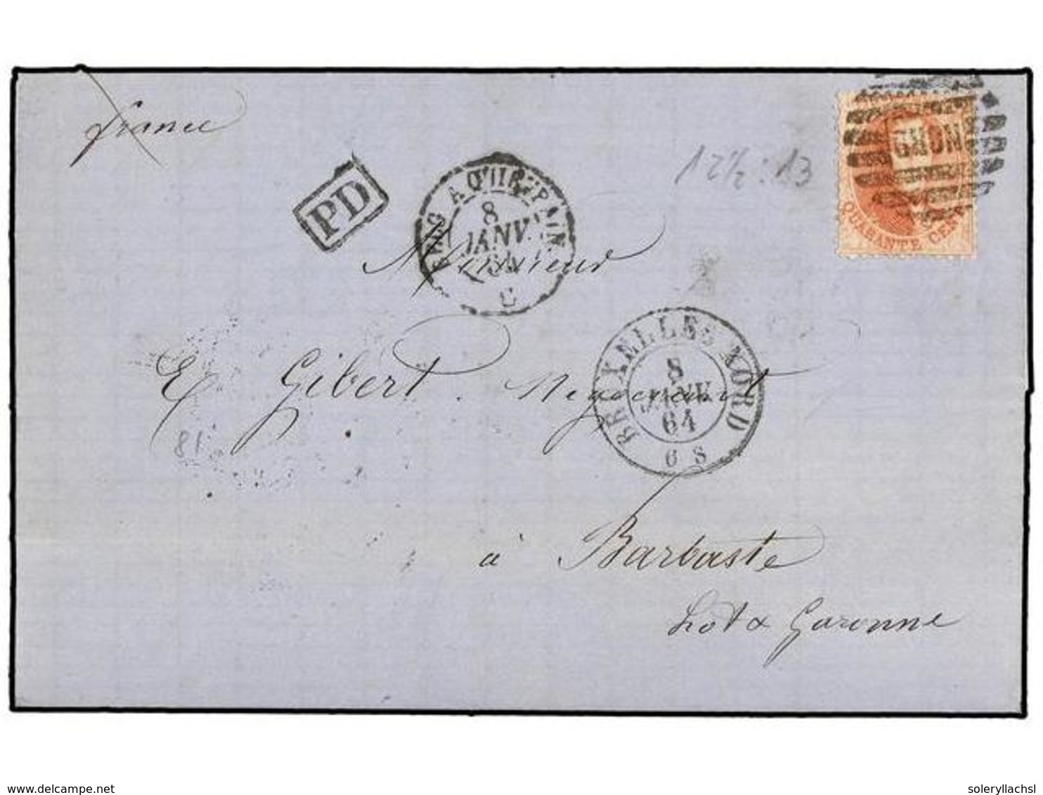 BELGICA. Of.16. 1864. BRUXELLES To FRANCE. Entire Letter Franked With 40 Cts. Red Stamp Tied By NORD Grill Cancel (Railw - Altri & Non Classificati
