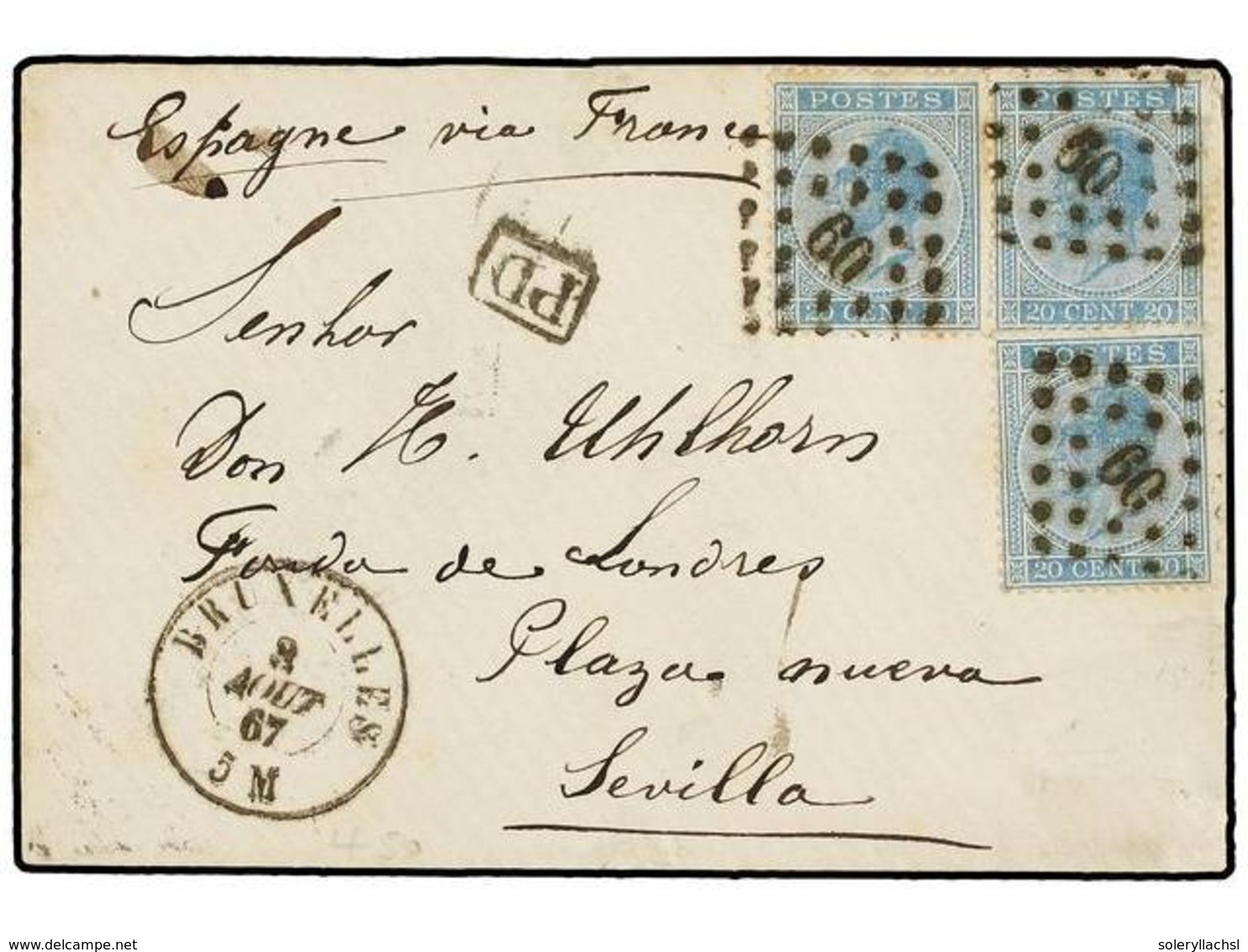 BELGICA. Of.18 (3). 1867. BRUXELLES To SEVILLA (Spain). Envelope Franked With Three 20 Cts. Blue Stamps, Tied By 60 Gril - Altri & Non Classificati