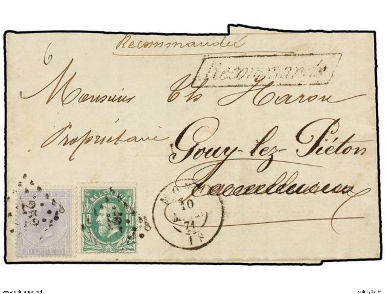 BELGICA. Of.18, 30. 1871. MONS To GUY LES PIETON. Folded Letter Franked With 10 Cts. Green And 20 Cts. Blue Stamps, Tied - Otros & Sin Clasificación