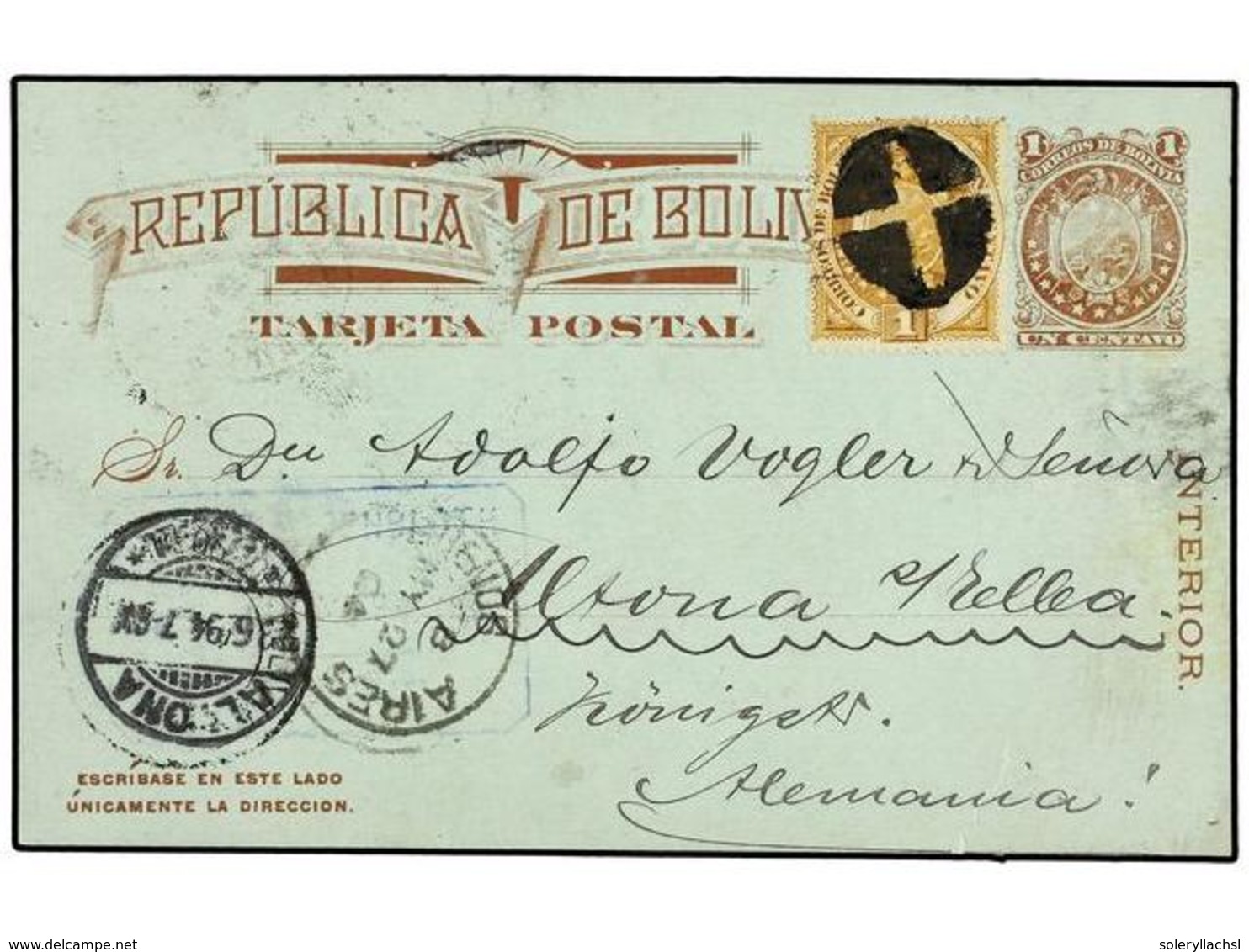 BOLIVIA. 1904. SUCRE A ALEMANIA. Entero Postal De 1 Ctvo. Castaño Con Franqueo Adicional De 1 Ctvo. Ocre. - Sonstige & Ohne Zuordnung