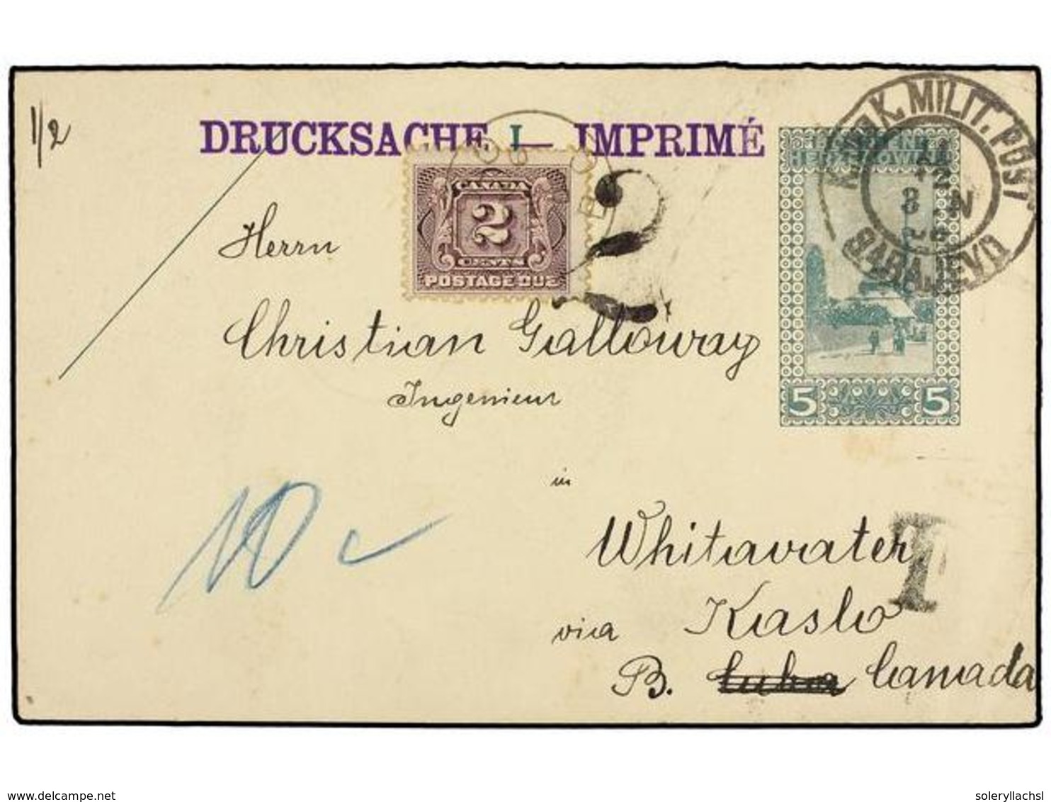 BOSNIA-HERZEGOVINA. 1909. SARAJEVO To KASLO (Canadá). 5 Heller + 5 Heller Green Double Postal Stationary Card, Taxed On  - Sonstige & Ohne Zuordnung