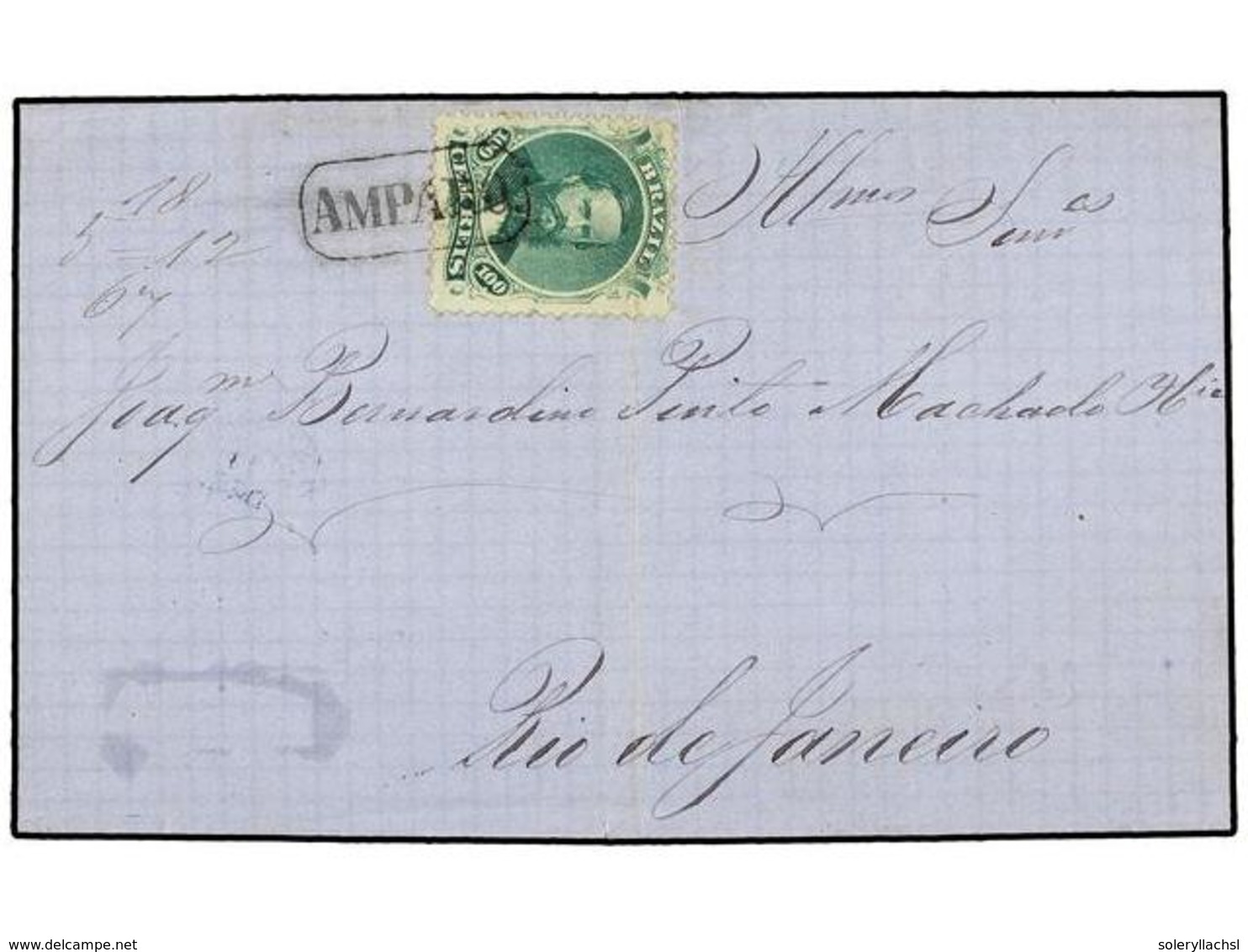 BRASIL. Sc.58. 1867. AMPARO A RÍO DE JANEIRO. 100 Reis Verde. Mat. Lineal AMPARO. MAGNÍFICA. - Sonstige & Ohne Zuordnung