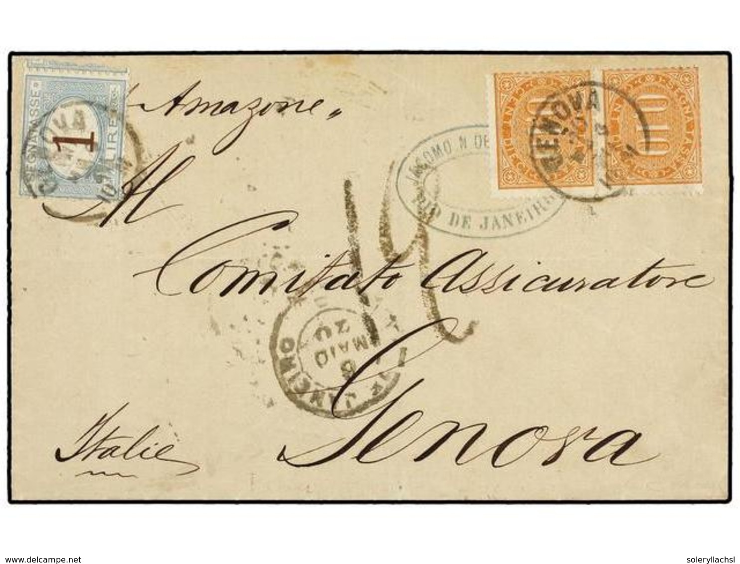 BRASIL. 1870. RIO DE JANEIRO A GÉNOVA. Circulada Sin Sellos, Tasada A La Llegada Con Sellos De 0,10 Liras Naranja (2) Y  - Altri & Non Classificati