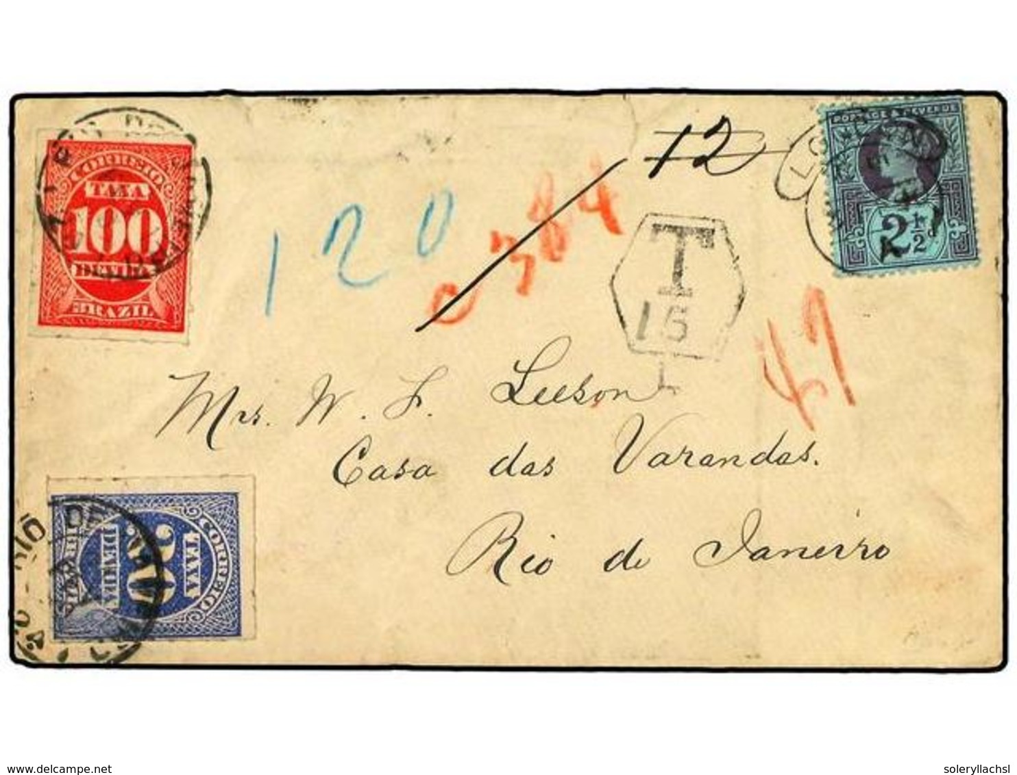 BRASIL. 1890. GRAN BRETAÑA A BRASIL. 2 1/2 P. Violeta, Tasada A La Llegada Con Sellos Brasileños De 100 R. Y 200 R. MAGN - Sonstige & Ohne Zuordnung