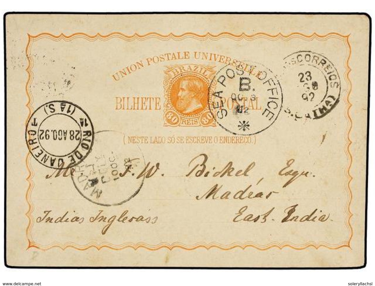 BRASIL. 1892. RIO DE JANEIRO A MADRAS (India). Entero Postal De 80 Reis Naranja. Rara Destinación. - Otros & Sin Clasificación