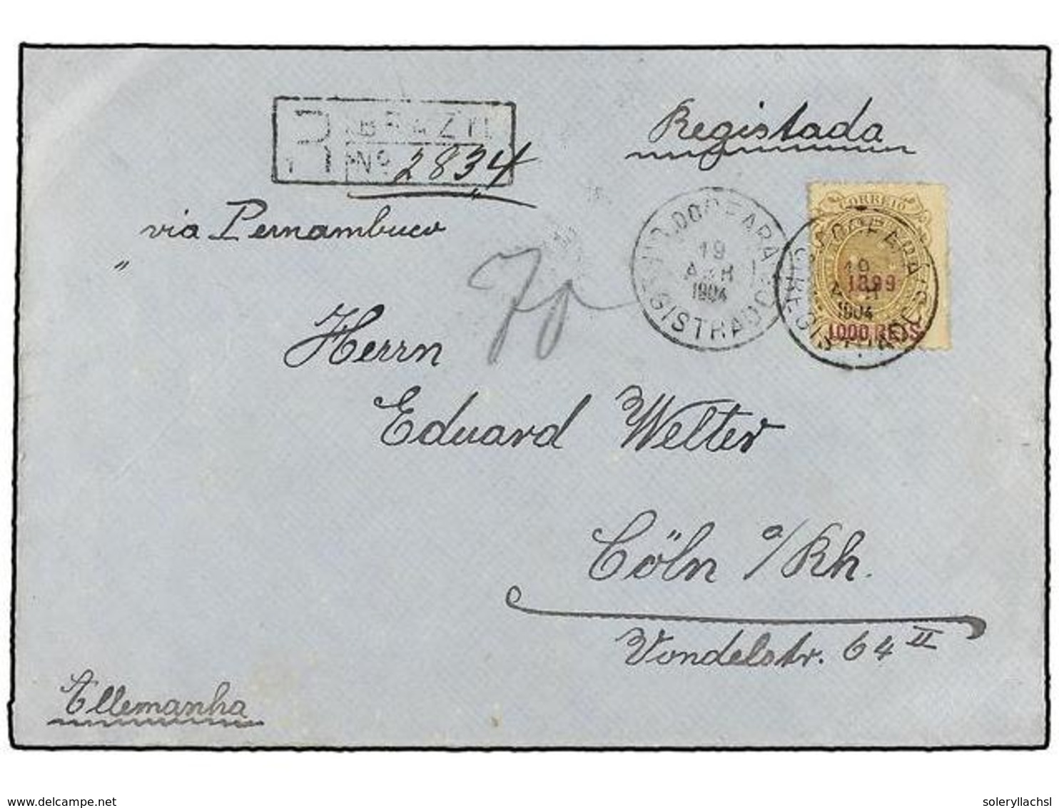 BRASIL. Sc.157. 1904. CEARA A ALEMANIA. 1000 Reis S. 700 Reis Bistre. Carta Certificada, Al Dorso Llegada. - Altri & Non Classificati