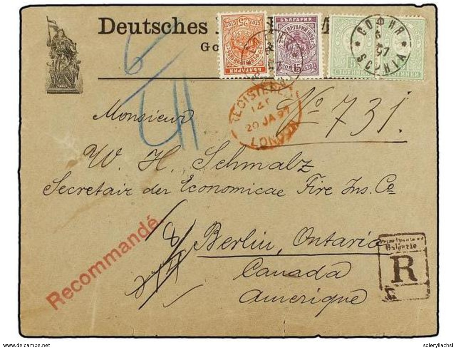 BULGARIA. Mi.31 (2), 40 (4), 42, 43. 1897. SOPHIA To CANADA. Multicolored Franking, Send Registered, Mixed Issues, Frank - Sonstige & Ohne Zuordnung