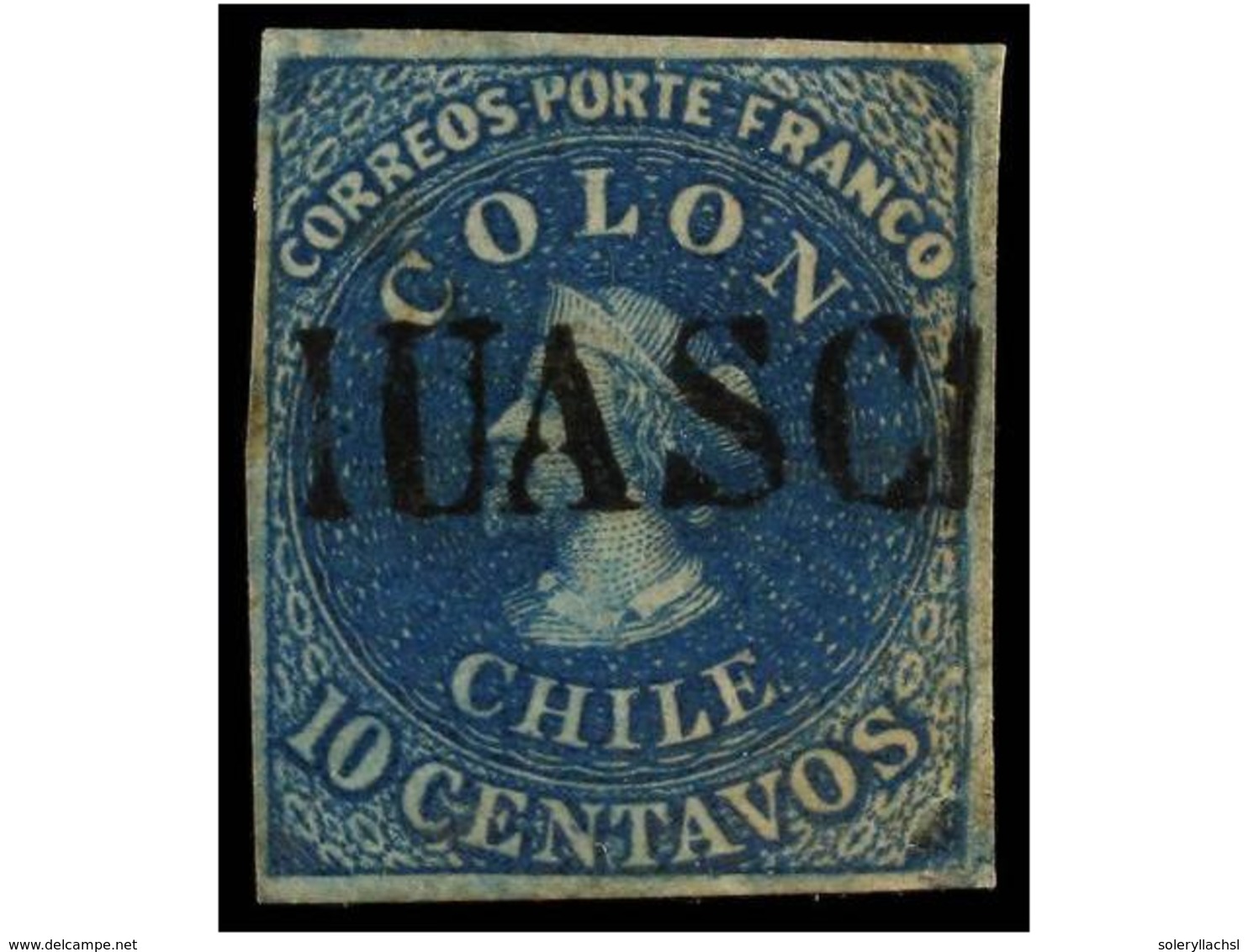 ° CHILE. Sc.12. 1862. 10 Ctvos. Azul, Mat. Lineal HUASCO. Muy Bonito. - Sonstige & Ohne Zuordnung