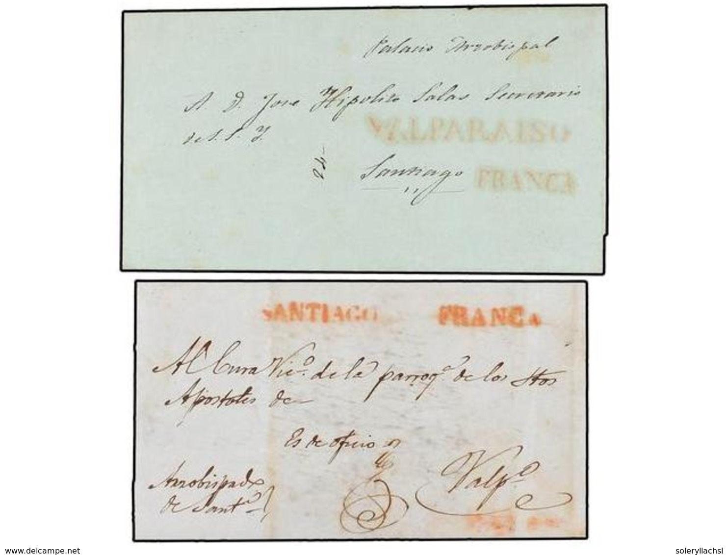 CHILE. (1850 CA.). Dos Envueltas Con Marcas SANTIAGO Y FRANCA; VALPARAISO Y FRANCA Ambas Enviadas Con Franquicia Por El  - Altri & Non Classificati