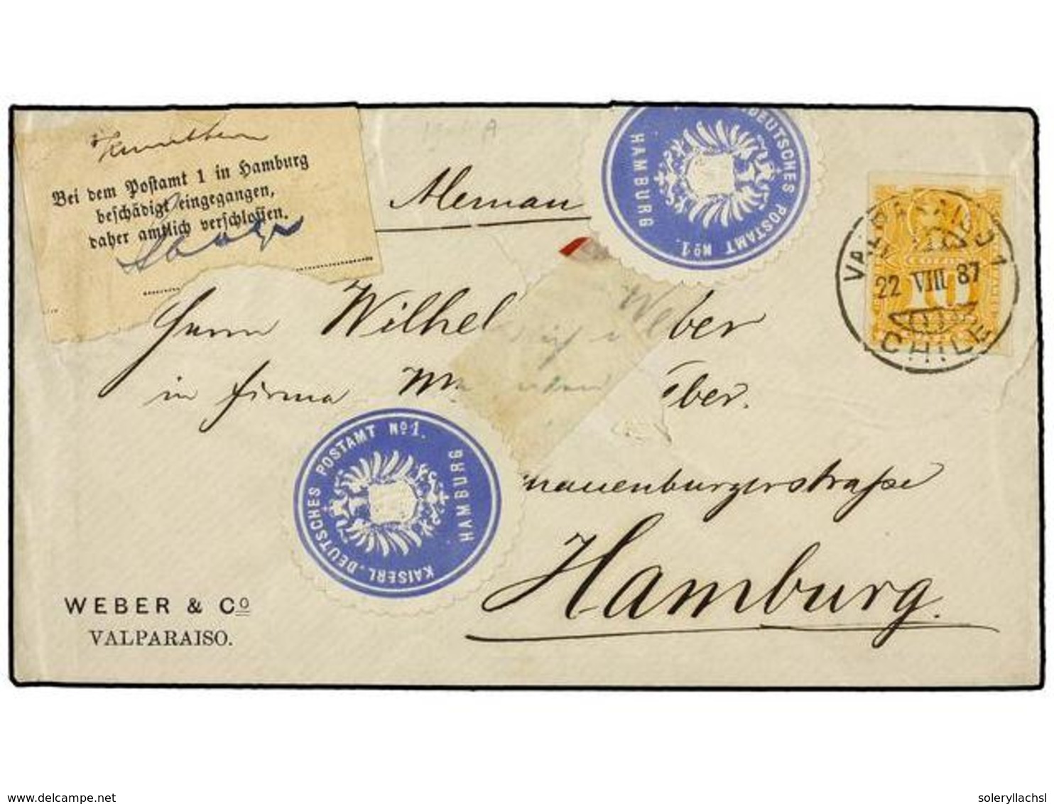 CHILE. Sc.29. 1887. VALPARAÍSO A HAMBURGO. 10 Ctvos. Naranja. Carta Que Llegó Rota A Destino. Etiquetas De Cierre Del Co - Altri & Non Classificati