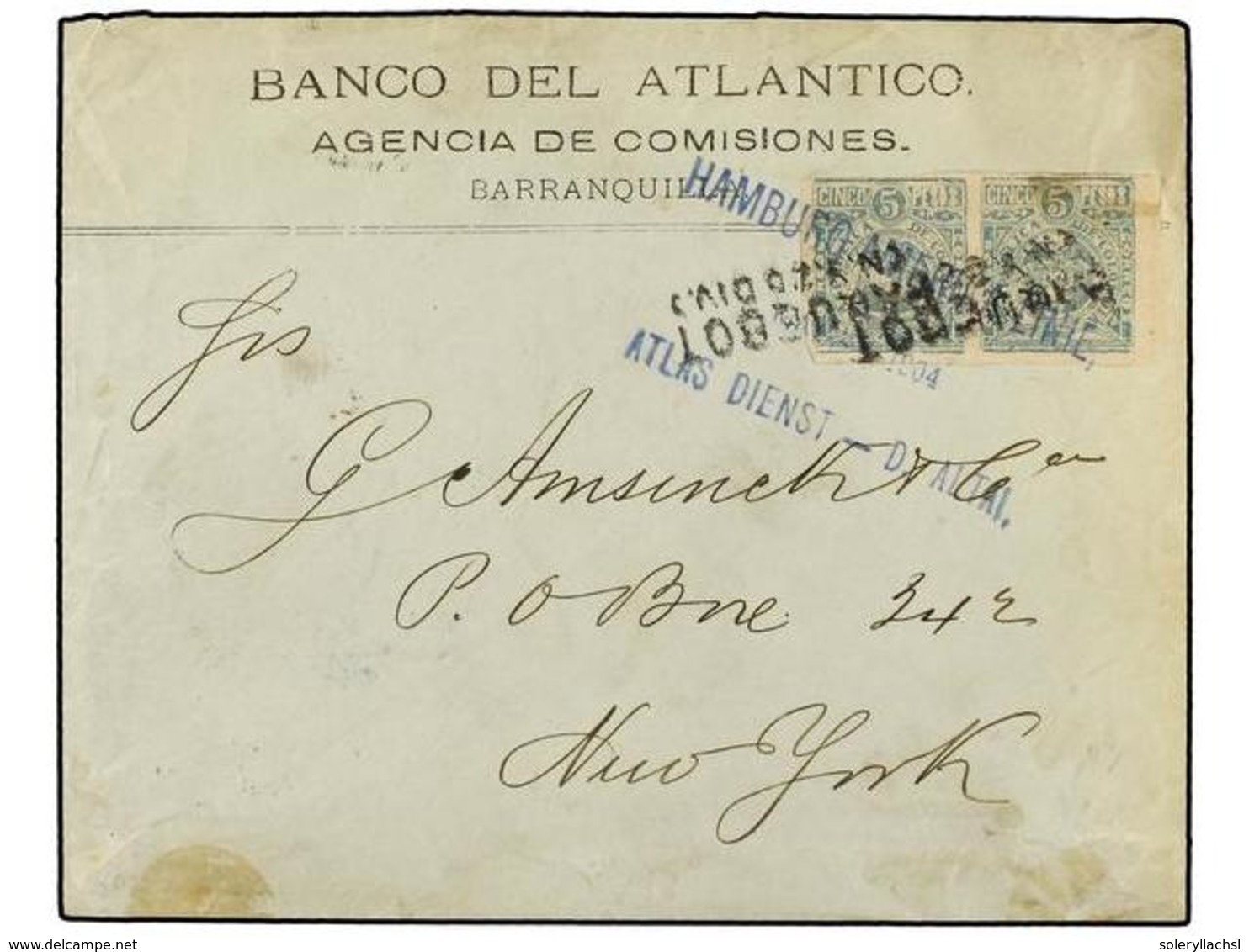 COLOMBIA. Sc.222 (2). 1904. BARRANQUILLA A NEW YORK. 5 Pesos Azul Verde (2), Mat. HAMBURG-AMERIKA LINIE/ATLAS DIENST-D.  - Sonstige & Ohne Zuordnung