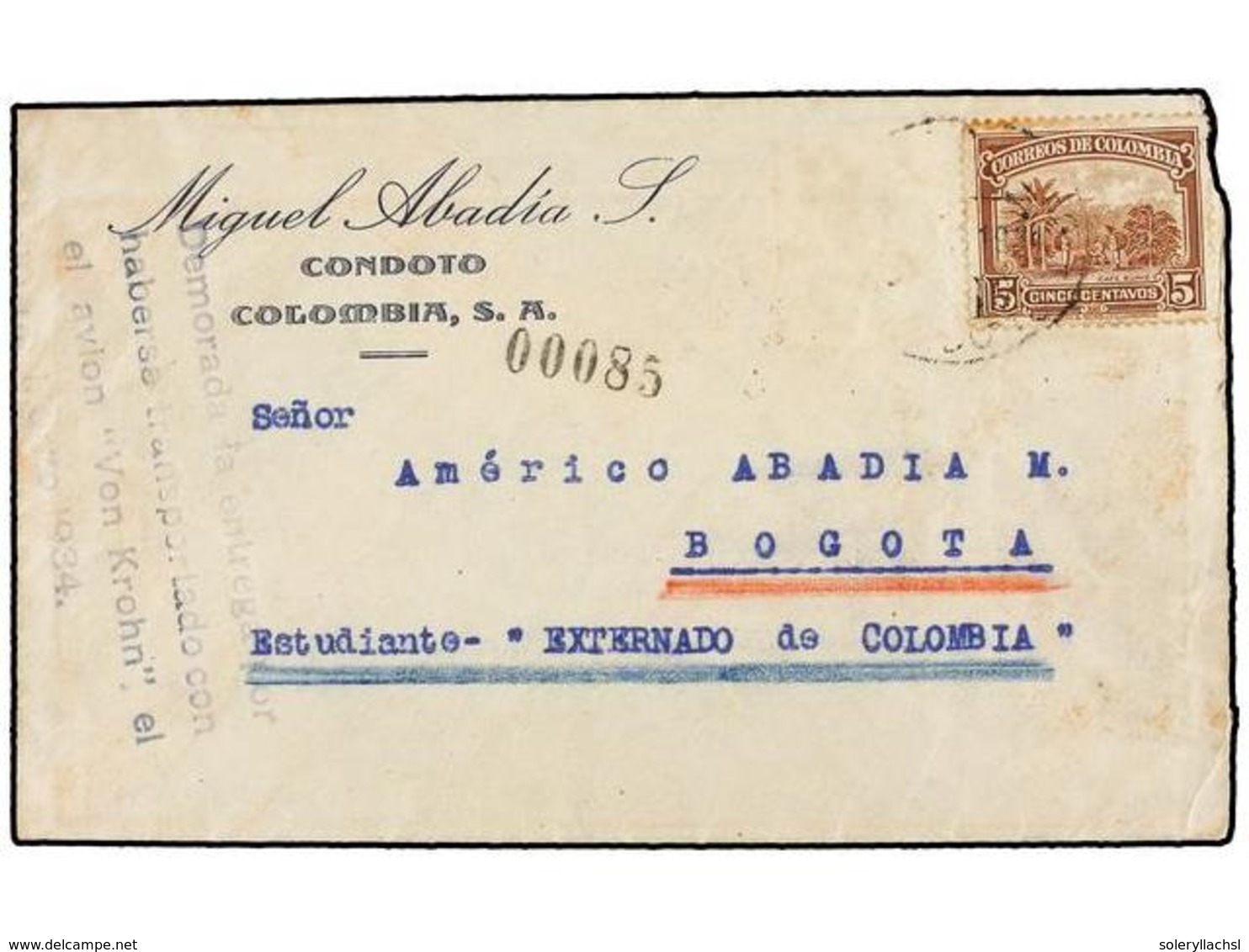 COLOMBIA. 1934. CONDOTO A BOGOTÁ. CORREO ACCIDENTADO. Vuelo Accidentado En Los Andes Cerca De Pereira. Marca DEMORADA LA - Sonstige & Ohne Zuordnung