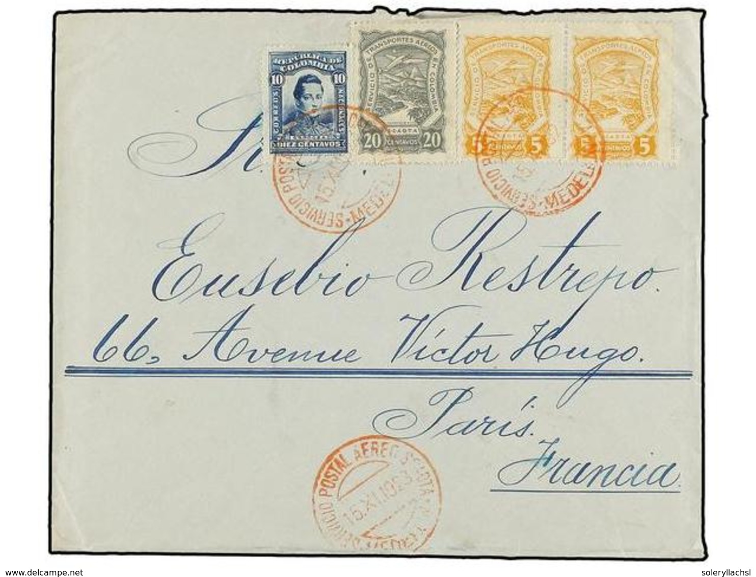 COLOMBIA. Sc.C38 (2), C41. 1923. MEDELLÍN A FRANCIA. 10 Cts. Azul Y Sellos De SCADTA De 5 Cts. Amarillo (2) Y 20 Cts. Gr - Altri & Non Classificati