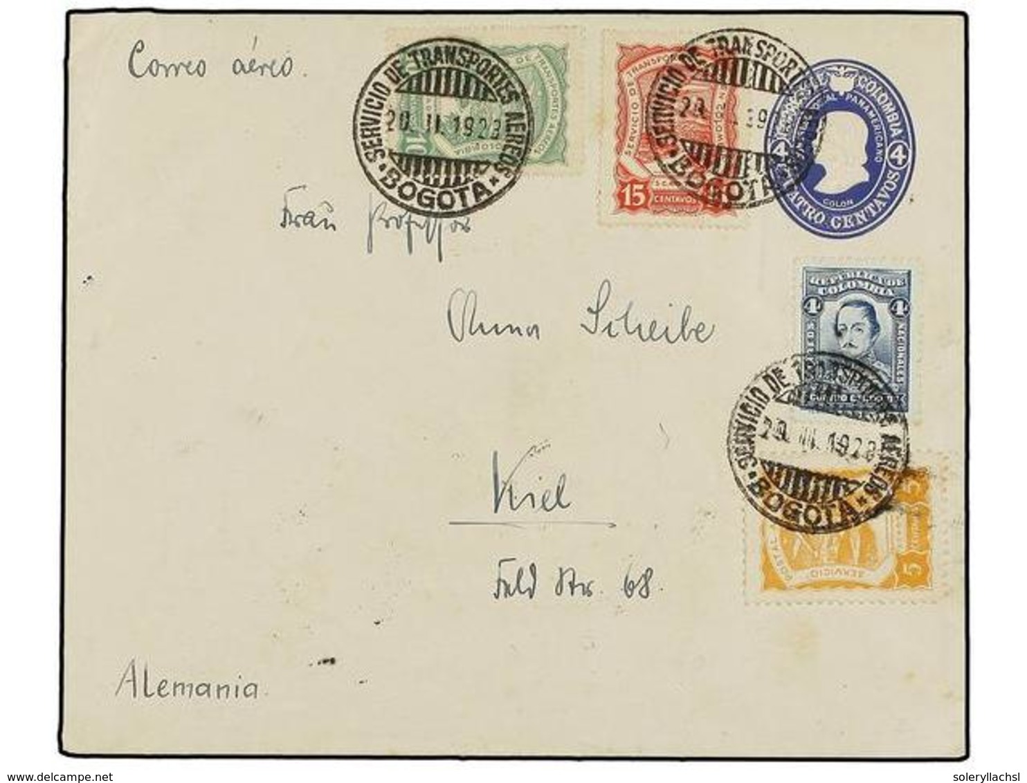 COLOMBIA. Sc.C38, C39, C40. 1923. BOGOTÁ A ALEMANIA. Entero Postal De 4 Ctvos. Azul Con Franqueo Adicional De 4 Ctvos. Y - Sonstige & Ohne Zuordnung