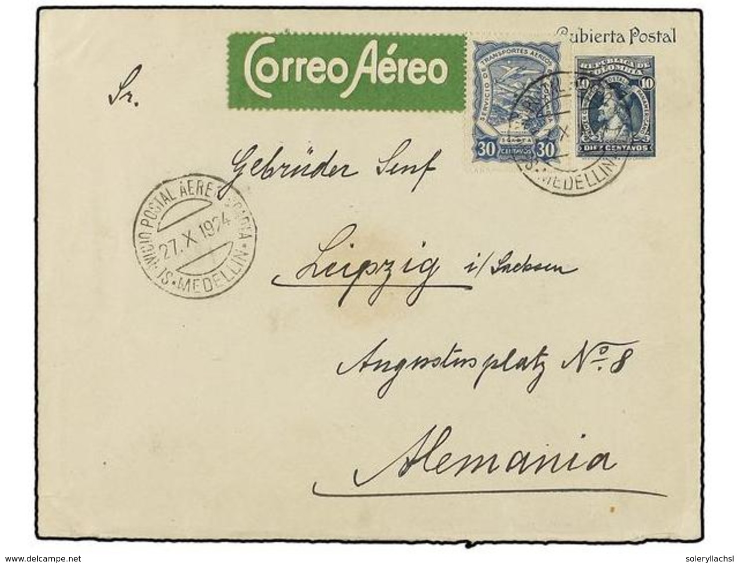 COLOMBIA. Sc.C42. 1924. MEDELLÍN A ALEMANIA. Entero Postal De 10 Cts. Azul Y Sello De SCADTA De 30 Cts. Azul. - Sonstige & Ohne Zuordnung