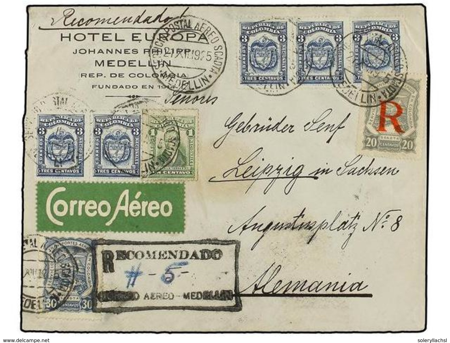 COLOMBIA. Sc.C42, CF1. 1925. MEDELLÍN A ALEMANIA. 1 Cto. Verde, 3 Ctvos. Azul (5) Y Sellos De SCADTA De 30 Cts. Azul Y 2 - Otros & Sin Clasificación