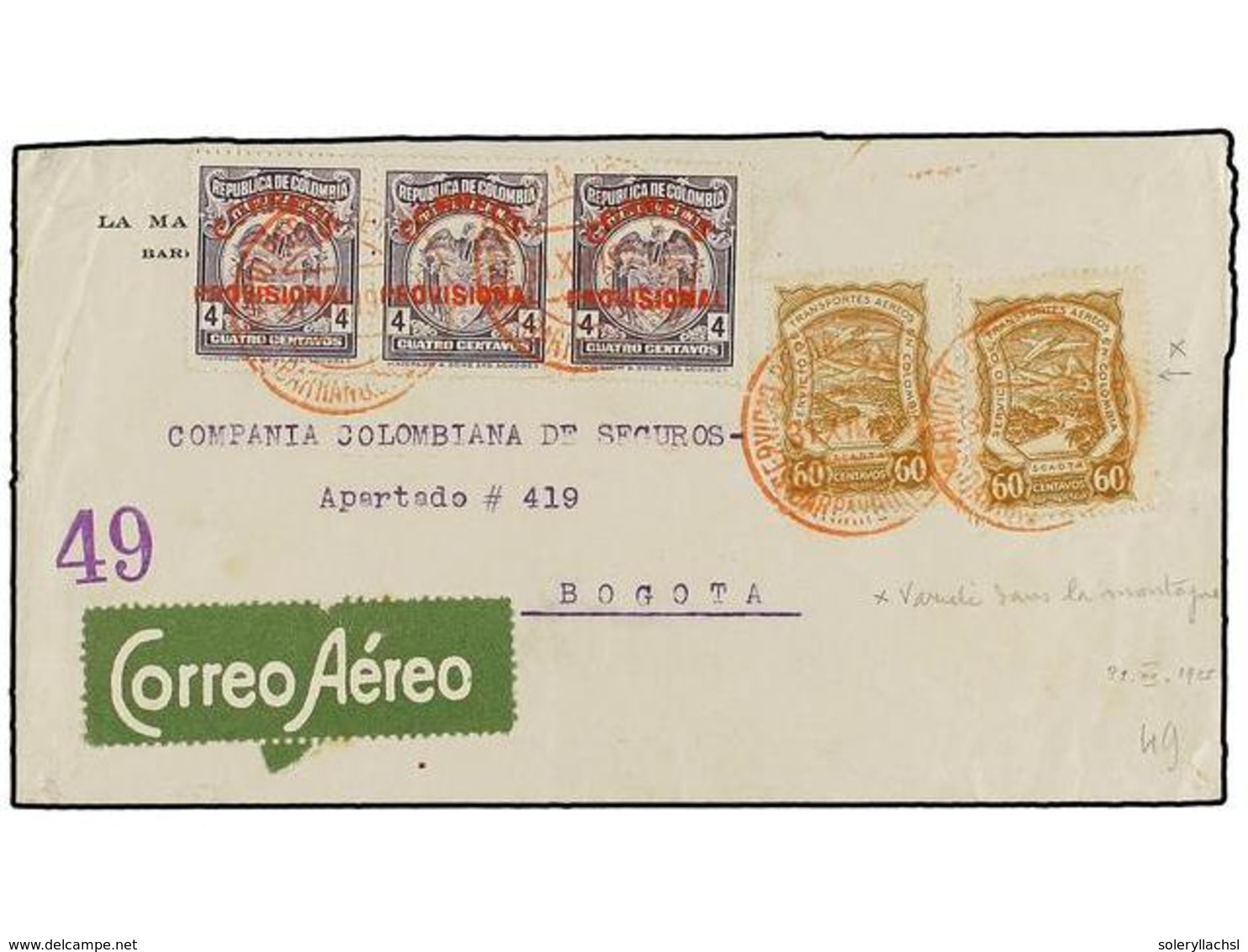 COLOMBIA. Sc.C45 (2). 1925. BARRANQUILLA A BOGOTÁ. 4 Cts. Lila (3), Sellos De SCADTA De 60 Cts. Castaño (2). - Sonstige & Ohne Zuordnung