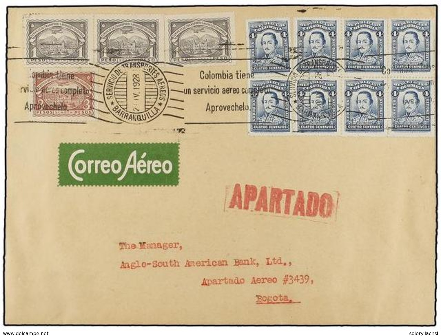 COLOMBIA. Sc.C47 (3), C49. 1928. BARRANQUILLA A BOGOTÁ. 4 Ctvos. Azul (8) Y Sellos De SCADTA De 1 Peso (3) Y 3 Pesos Vio - Sonstige & Ohne Zuordnung