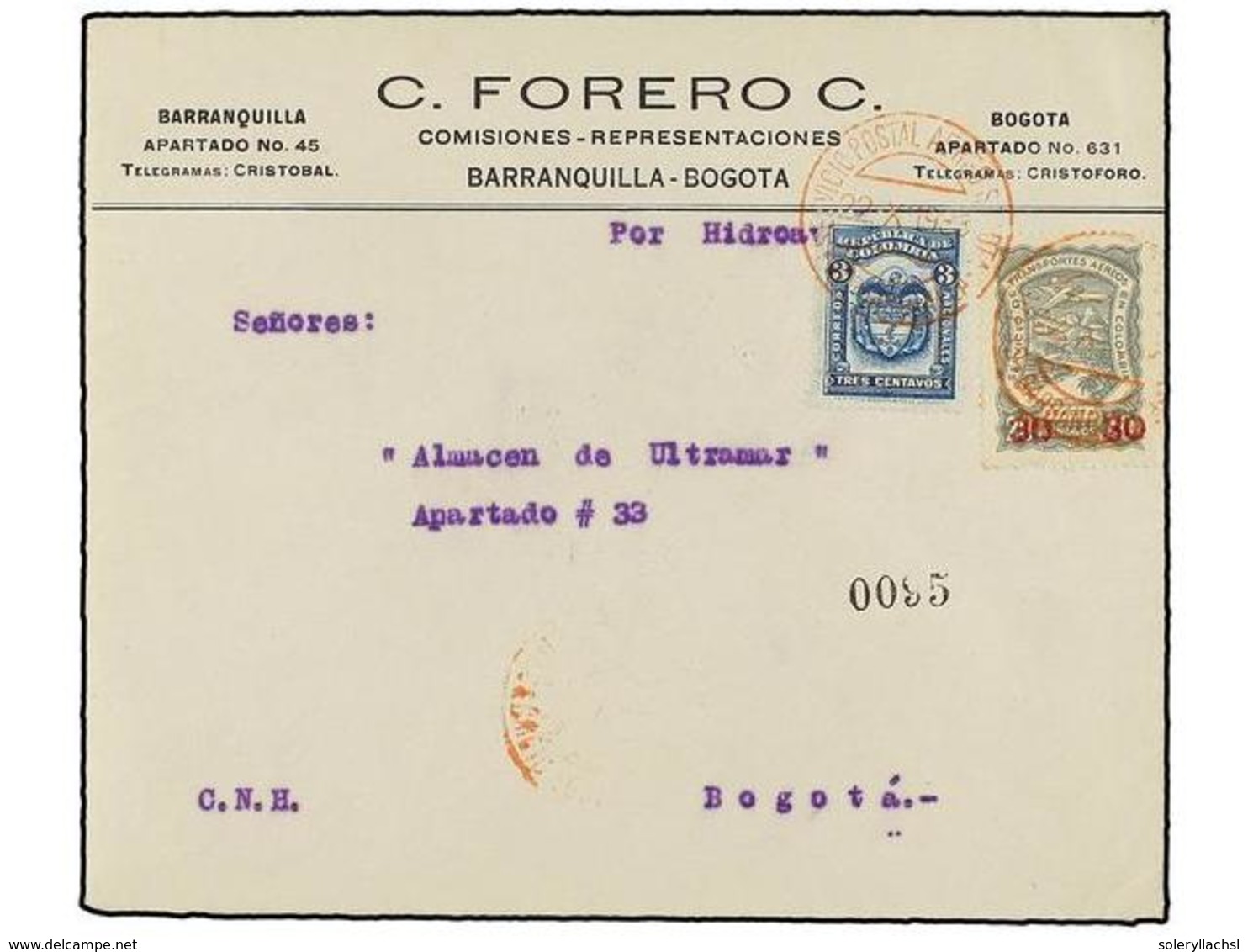 COLOMBIA. Sc.C51. 1923. BARRANQUILLA A BOGOTÁ. 5 Cts. Azul Y Sello De SCADTA De 30 Cts. S. 20 Cts. Gris. Raro En Carta. - Altri & Non Classificati