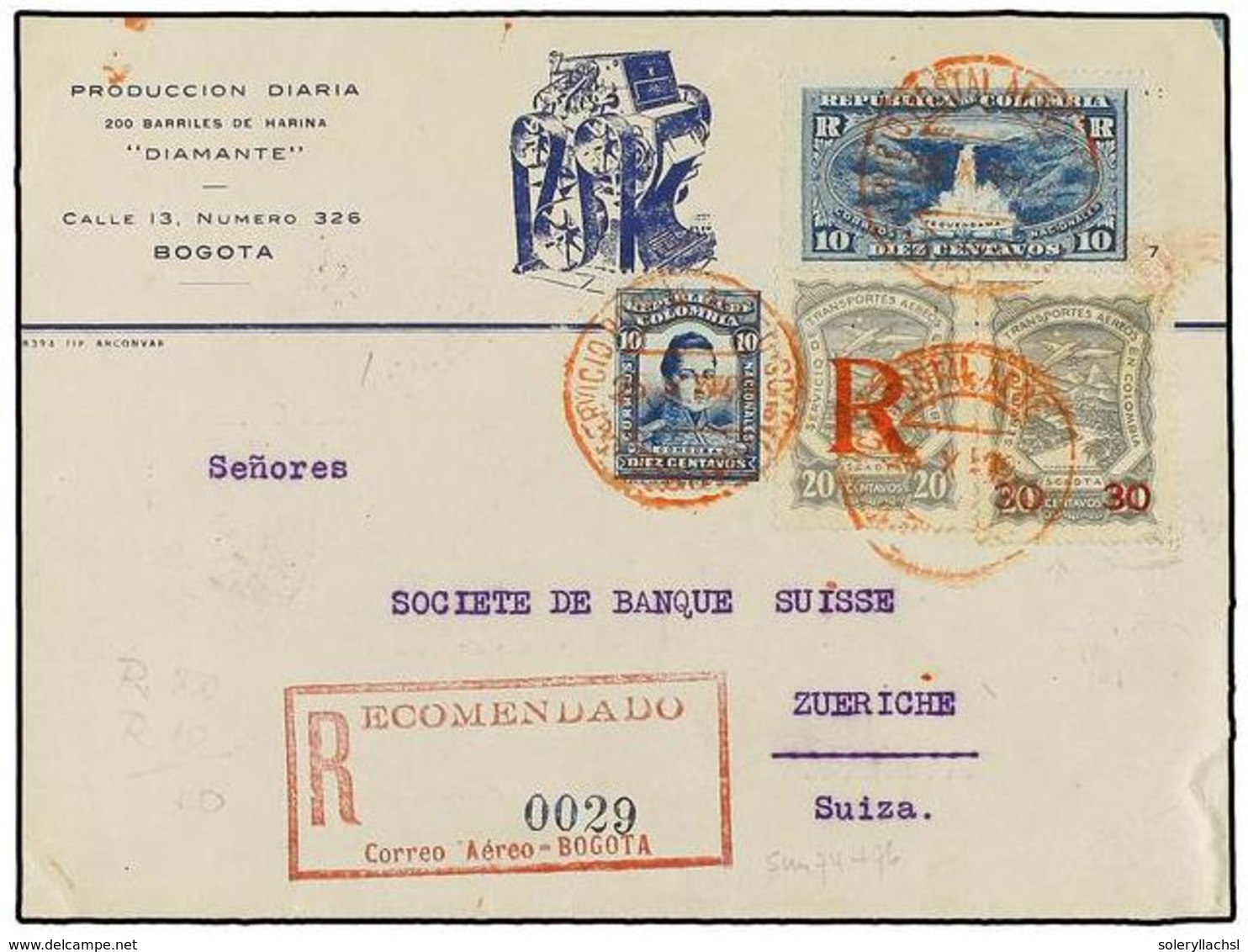 COLOMBIA. Sc.C51 Y CF1. 1923. BOGOTÁ A ZURICH (Suiza). 10 Cts. Azul, Sello De Certificados De 10 Ctvos. Azul Y Sellos De - Altri & Non Classificati