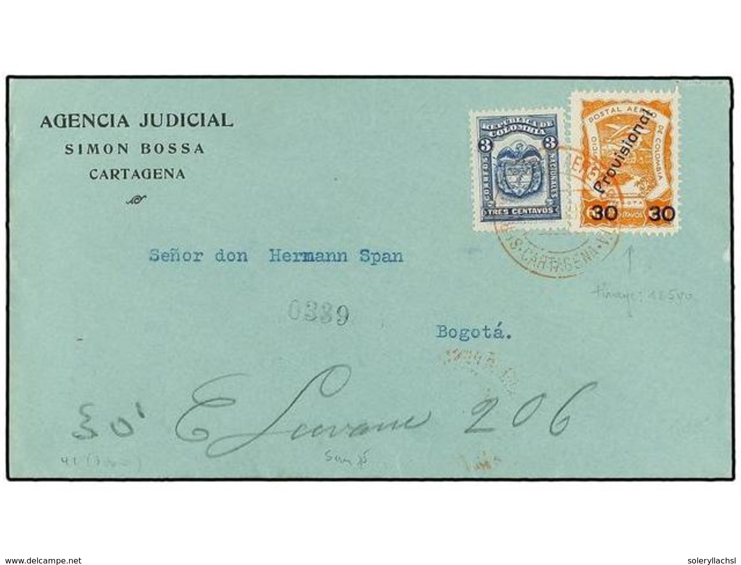 COLOMBIA. Sc.C52. 1923. CARTAGENA A BOGOTÁ. 3 Cts. Azul Y Sello De SCADTA 30 Cts. S. 60 Cts. Naranja. Raro En Carta. - Otros & Sin Clasificación