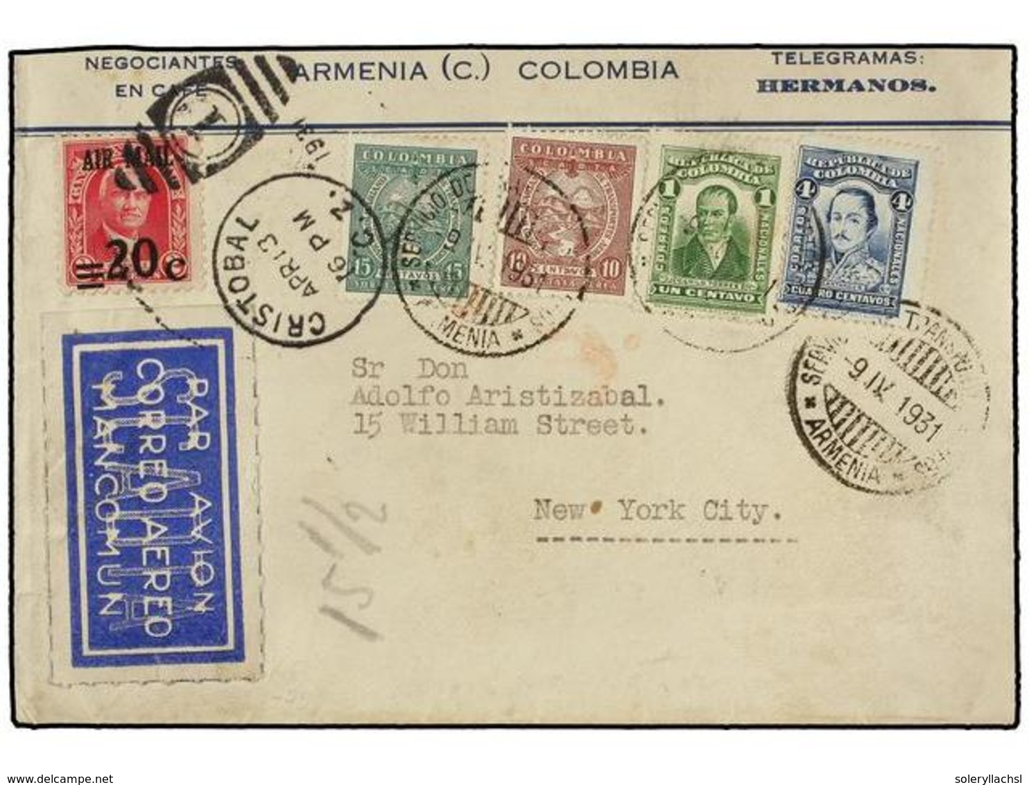 COLOMBIA. Sc.C56/57. 1931. ARMENIA A NEW YORK. 1 Ctvo., 4 Ctvos. Y Sellos De SCADTA De 10 Cts. Castaño Lila Y 15 Cts. Ve - Sonstige & Ohne Zuordnung