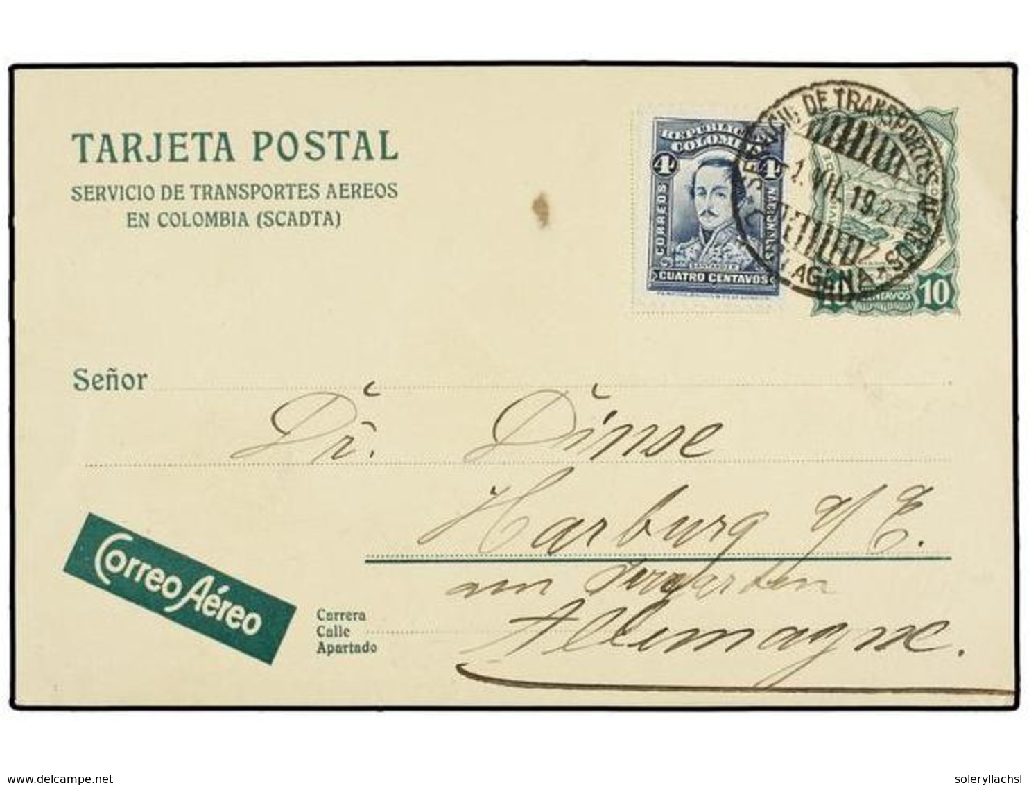 COLOMBIA. 1927. CARTAGENA A ALEMANIA. Entero Postal De 10 Ctvos. Verde De SCADTA Con Franqueo Adicional De Colombia De 4 - Sonstige & Ohne Zuordnung