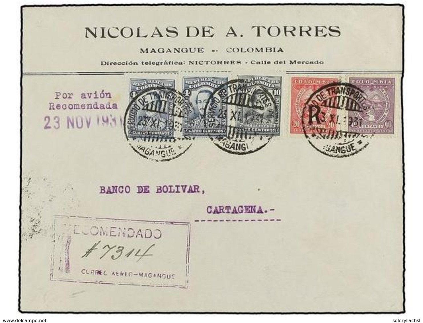 COLOMBIA. Sc.C60, CF4. 1931. MAGANGUE To CARTAGENA. 4 Cts. Azul (2) Y 10 Ctvos. Y Sellos De SCADTA De 40 Cts. Lila Y 20  - Sonstige & Ohne Zuordnung