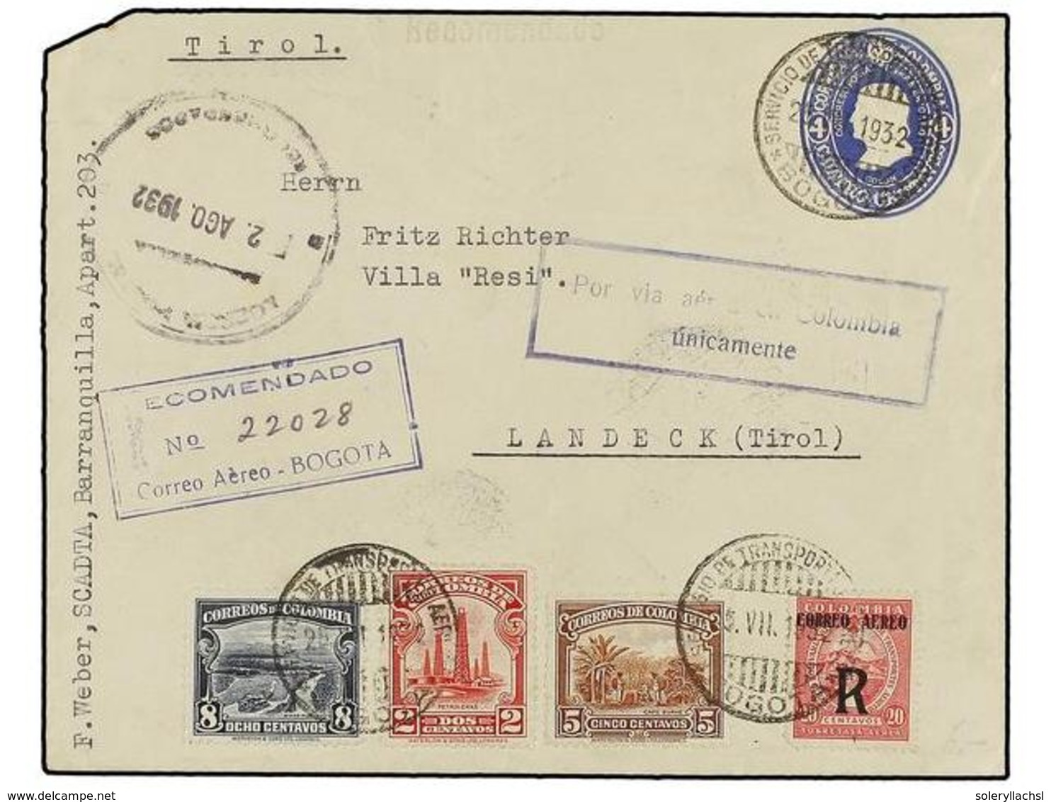 COLOMBIA. Sc.CF4. 1932. BOGOTÁ A AUSTRIA. Entero Postal De 4 Ctvos. Azul Con Franqueo Adicional De 2 Cts., 5 Cts. Y 8 Ct - Otros & Sin Clasificación