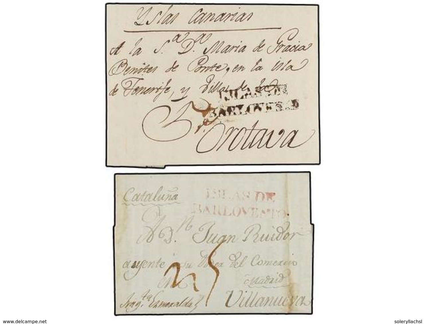 CUBA. 1814-21. HABANA Dos Cartas A España Con Marcas ISLAS DE/BARLOVENTO En Rojo Y Negro. - Altri & Non Classificati