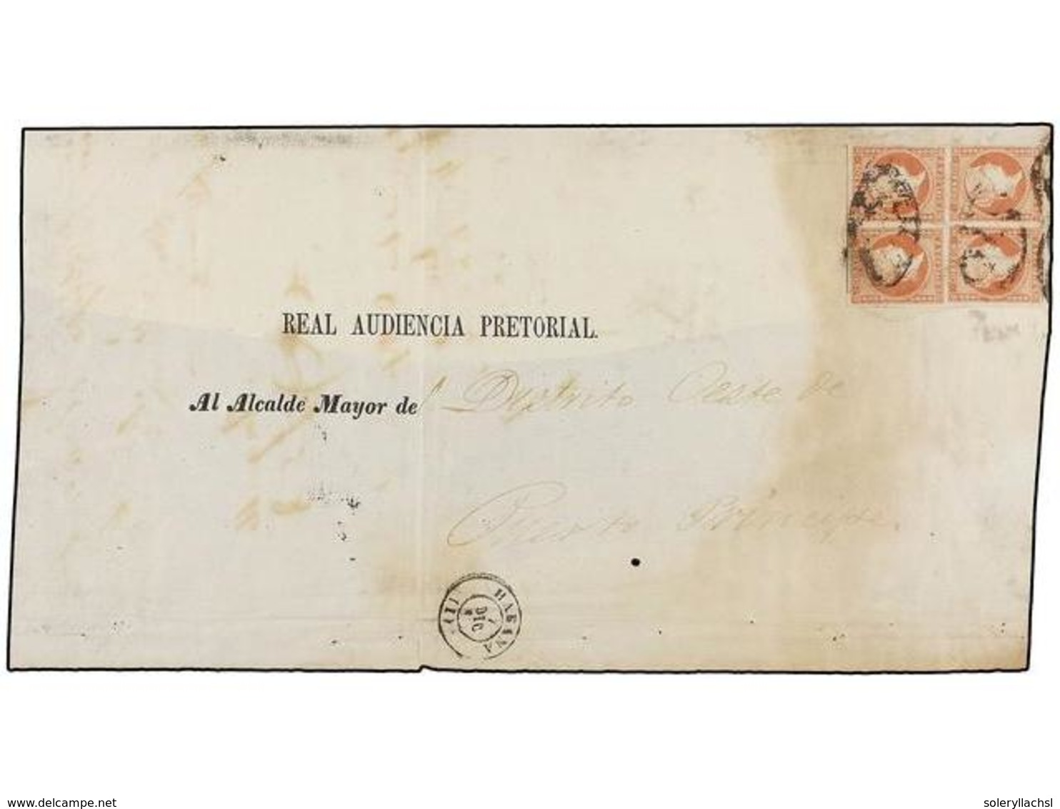 CUBA. Ant.9(4). 1860. HABANA A PTO. PRÍNCIPE. 2 Reales Rojo. Bloque De Cuatro En Frente De Plica Judicial. Mat. PARRILLA - Altri & Non Classificati