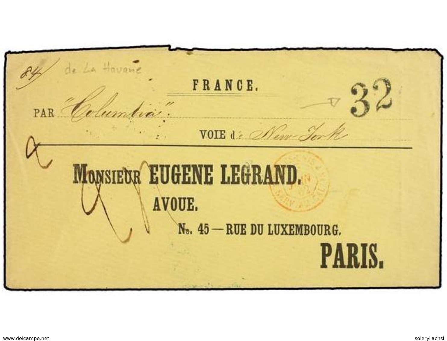 CUBA. 1862. HABANA A PARÍS. Encaminado Hasta New York Por LUIS SUSINI E HIJO (marca Al Dorso) Y Embarcada En El 'Columbi - Sonstige & Ohne Zuordnung